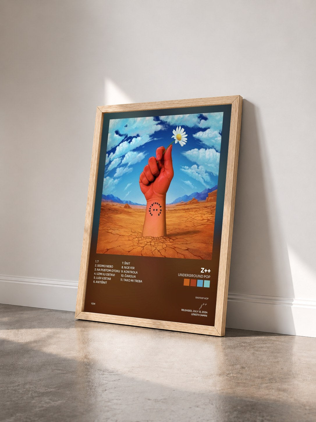 #bois Tableau de l'album underground pop de z++ vu de trois quarts, cadre en bois brut