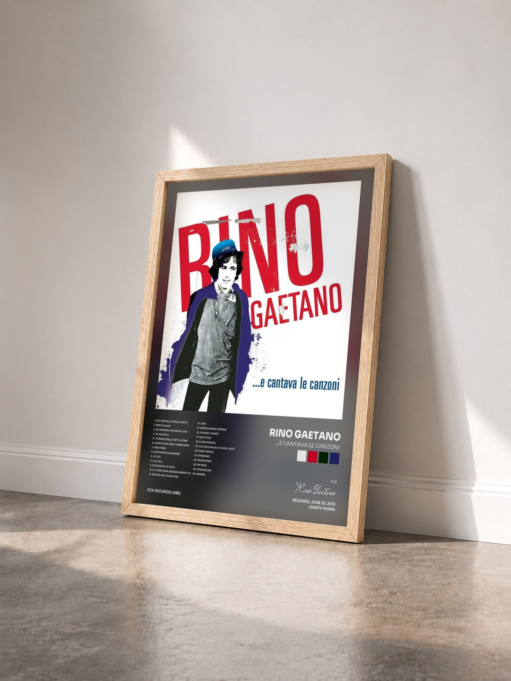 #bois Tableau de l'album ...e cantava le canzoni de Rino Gaetano vu de trois quarts, cadre en bois brut