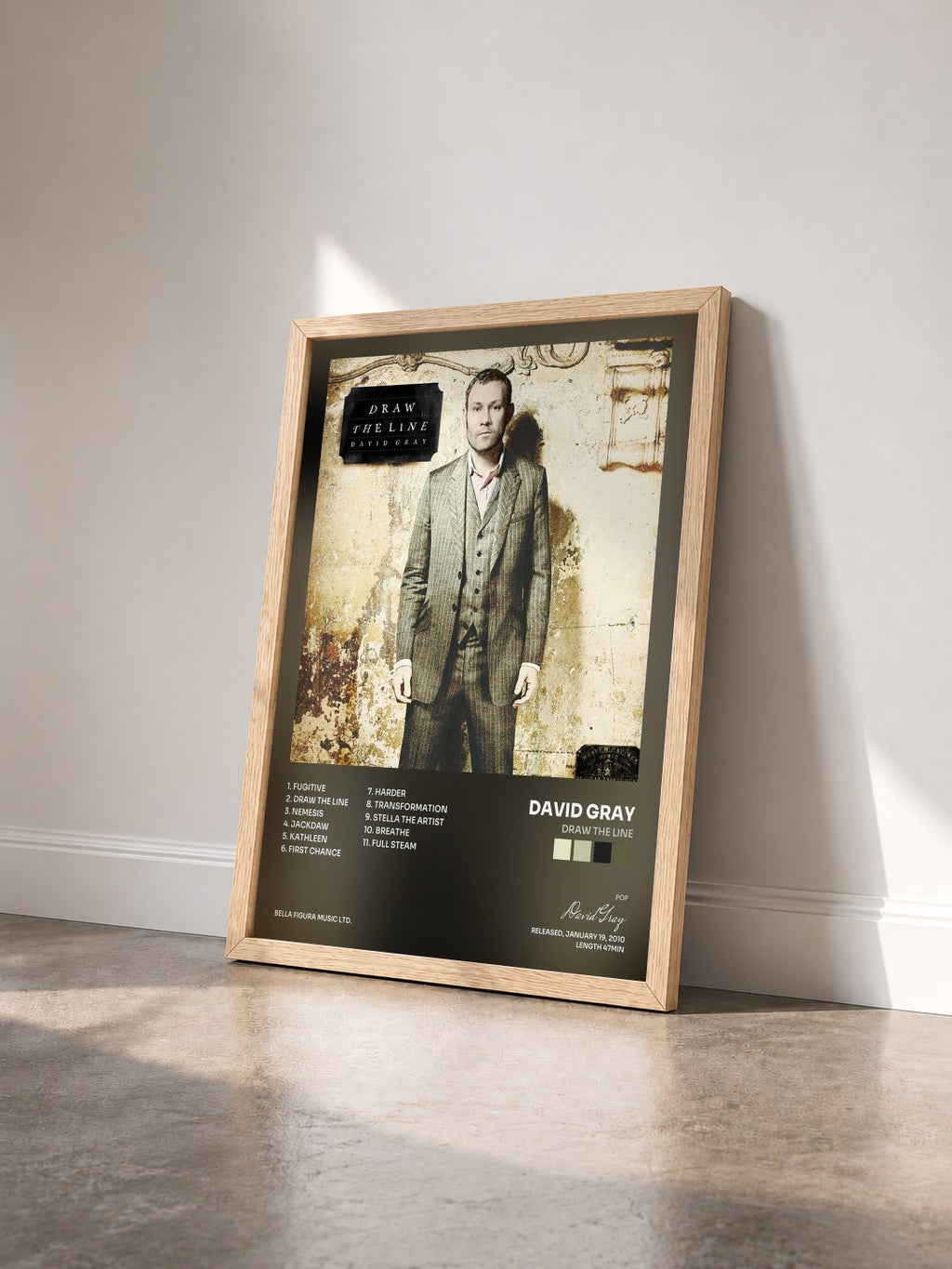 #bois Tableau de l'album Draw the Line de David Gray vu de trois quarts, cadre en bois brut