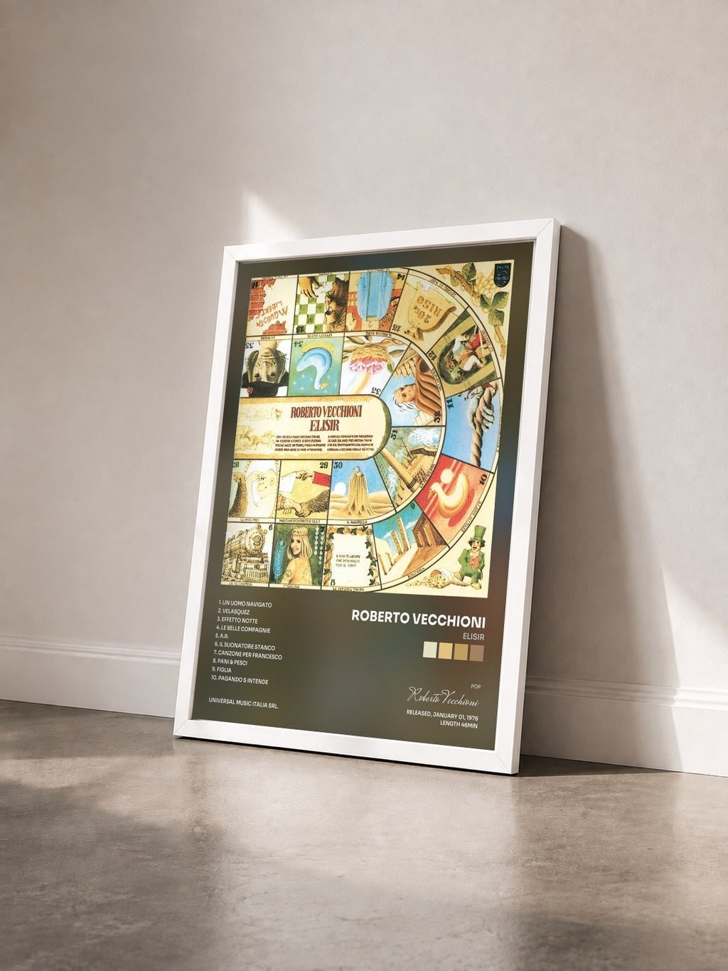 #blanc Tableau de l'album Elisir de Roberto Vecchioni vu de trois quarts, cadre blanc