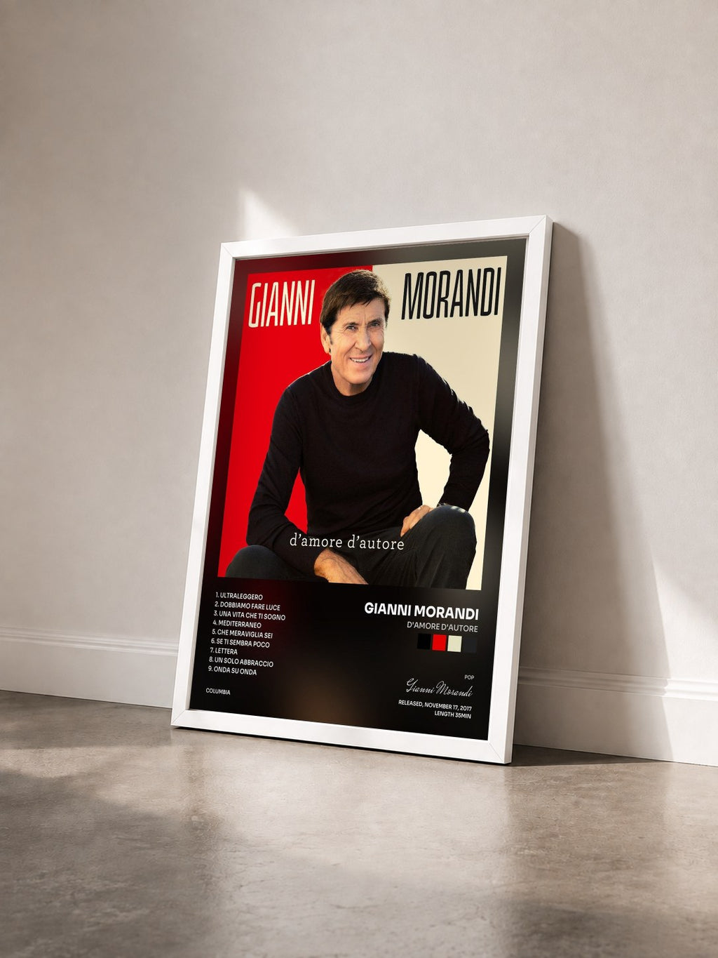 #blanc Tableau de l'album d'amore d'autore de Gianni Morandi vu de trois quarts, cadre blanc