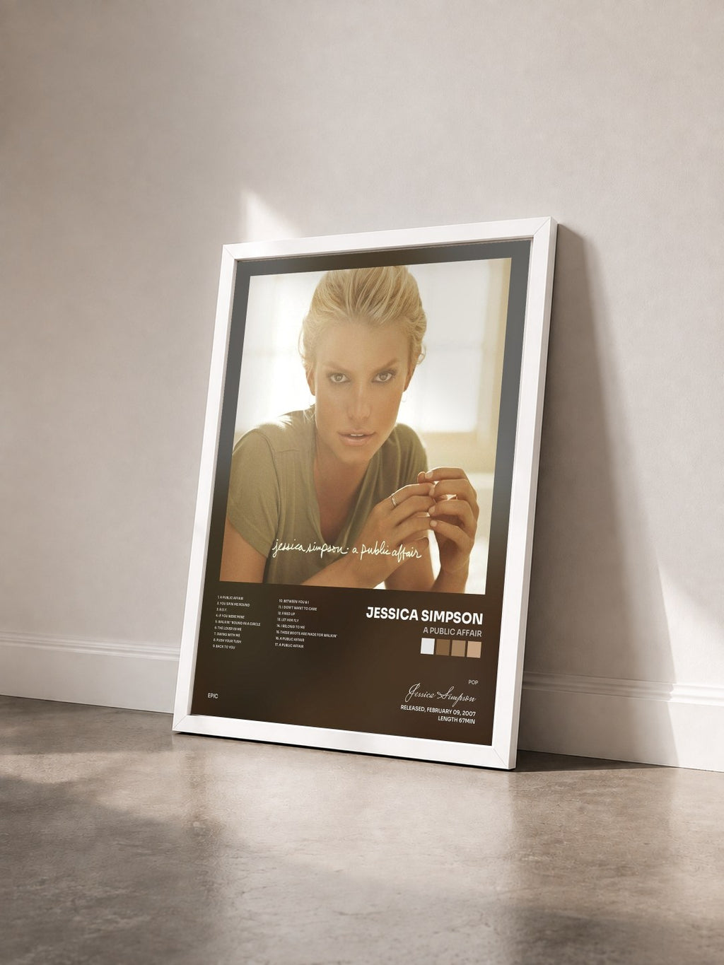 #blanc Tableau de l'album A Public Affair de Jessica Simpson vu de trois quarts, cadre blanc