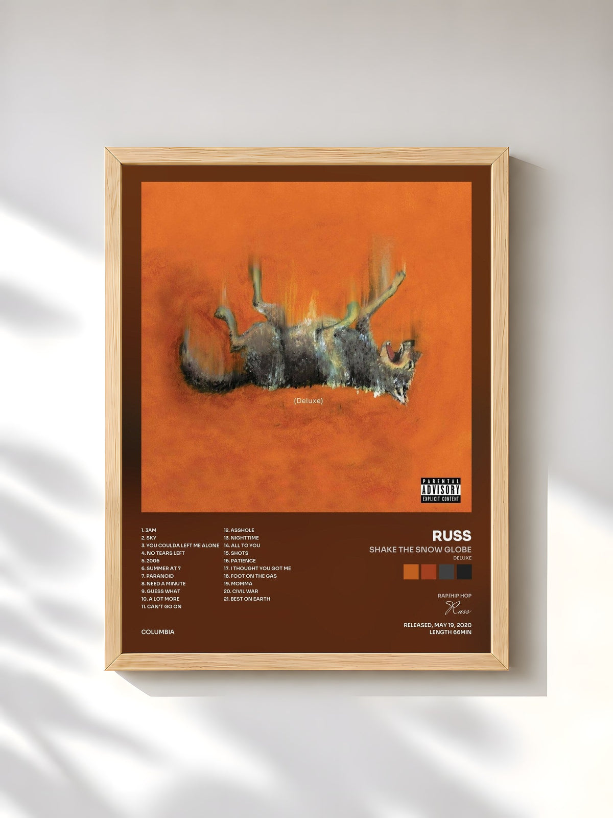 #bois Tableau de l'album SHAKE THE SNOW GLOBE (DELUXE) de Russ, cadre en bois brut, imprimé et encadré en France