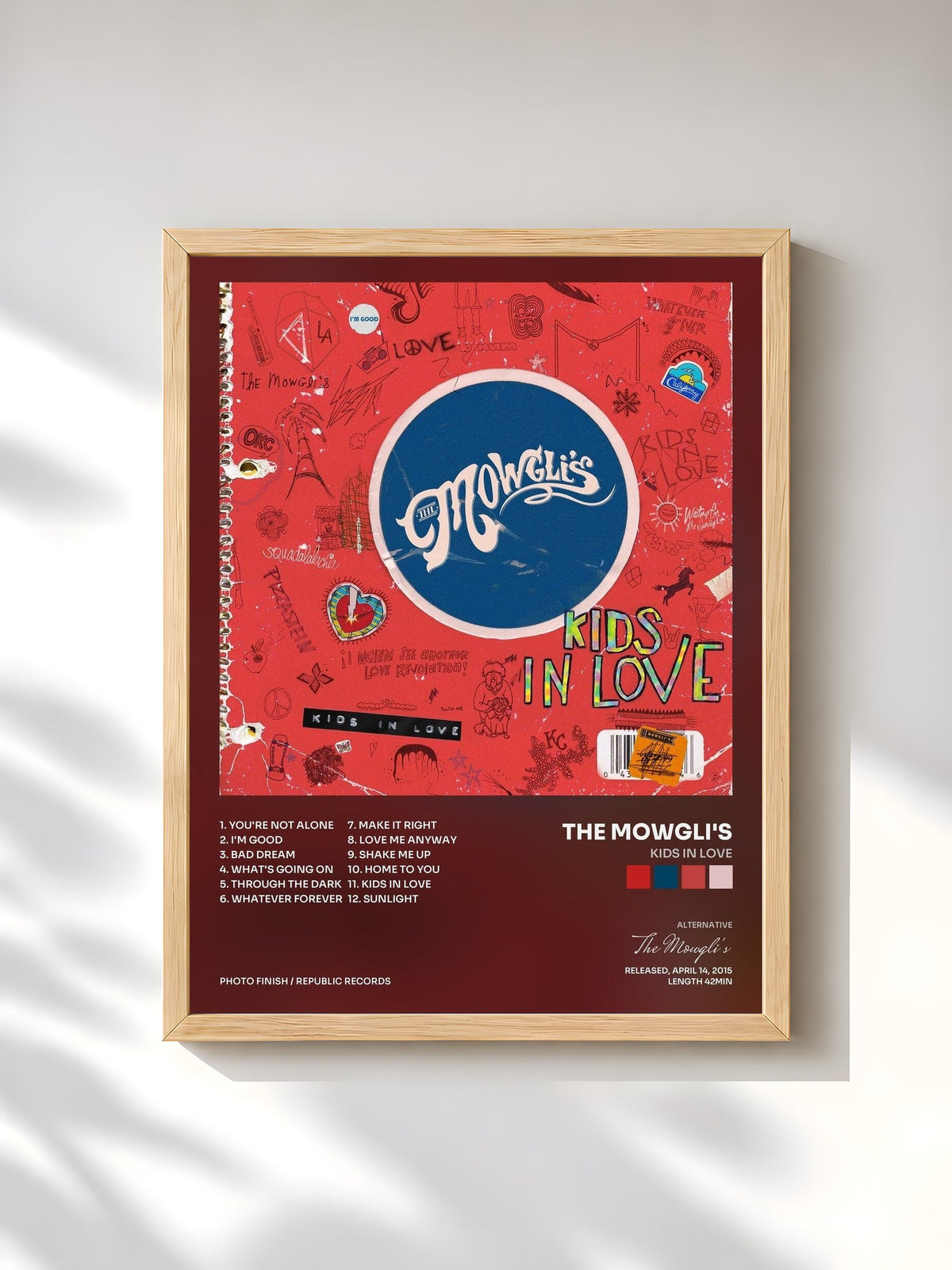 #bois Tableau de l'album Kids In Love de The Mowgli's, cadre en bois brut, imprimé et encadré en France