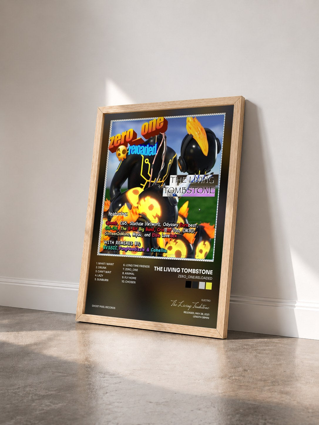 #bois Tableau de l'album zero_one:reloaded de The Living Tombstone vu de trois quarts, cadre en bois brut