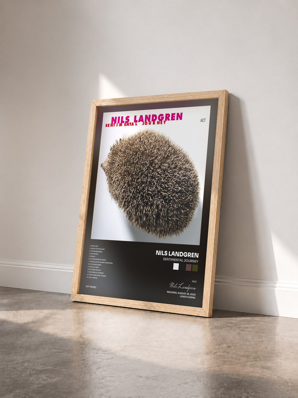 #bois Tableau de l'album Sentimental Journey de Nils Landgren vu de trois quarts, cadre en bois brut