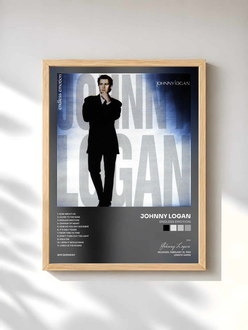 #bois Tableau de l'album Endless Emotion de Johnny Logan, cadre en bois brut, imprimé et encadré en France