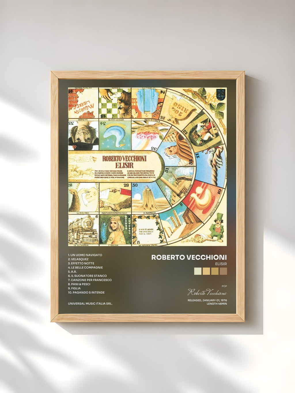 #bois Tableau de l'album Elisir de Roberto Vecchioni, cadre en bois brut, imprimé et encadré en France