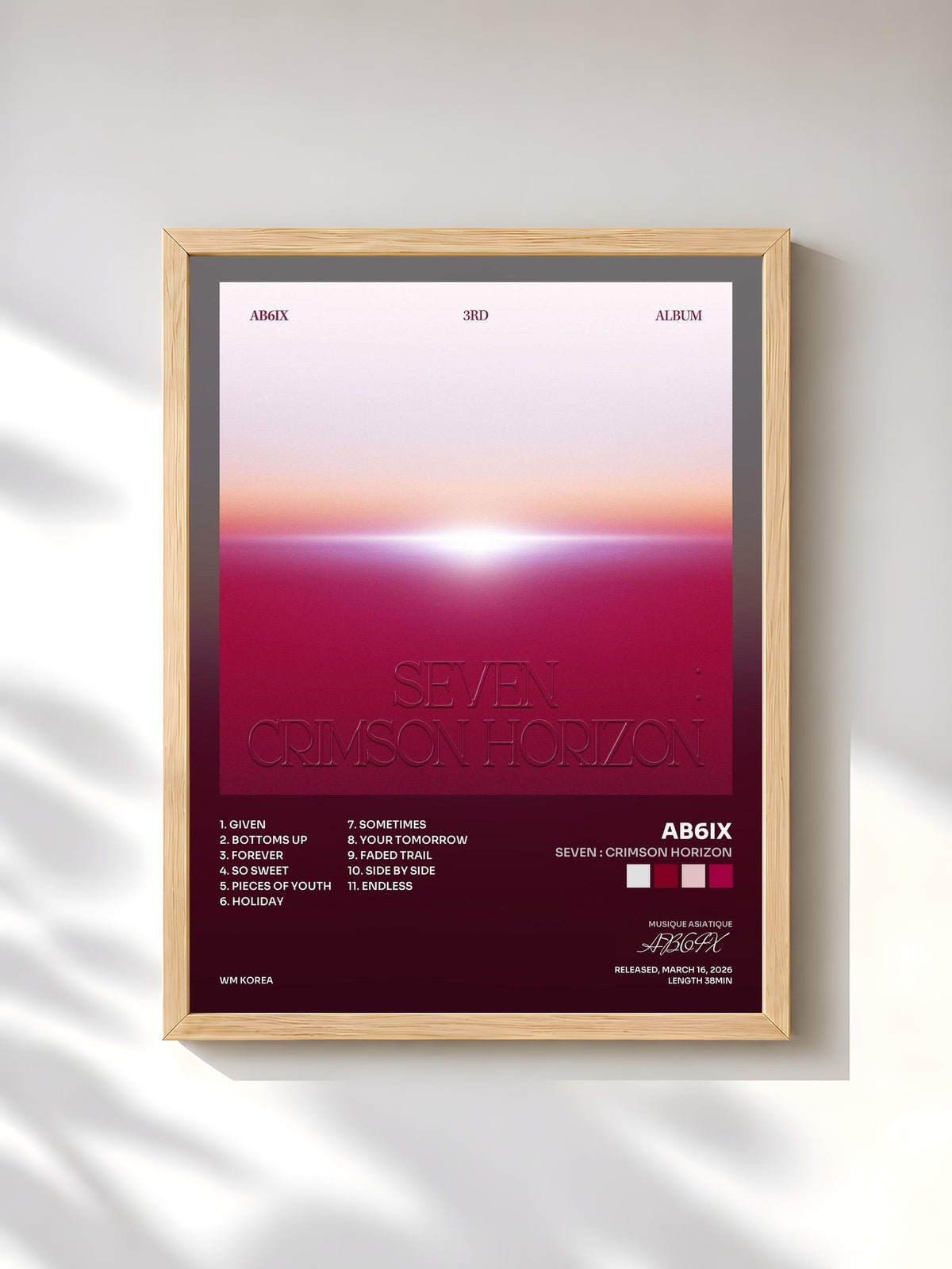 #bois Tableau de l'album SEVEN : CRIMSON HORIZON de AB6IX, cadre en bois brut, imprimé et encadré en France