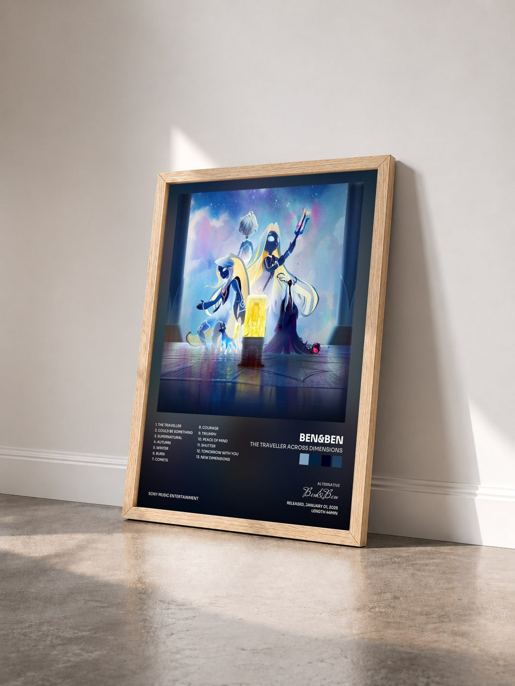 #bois Tableau de l'album The Traveller Across Dimensions de Ben&Ben vu de trois quarts, cadre en bois brut