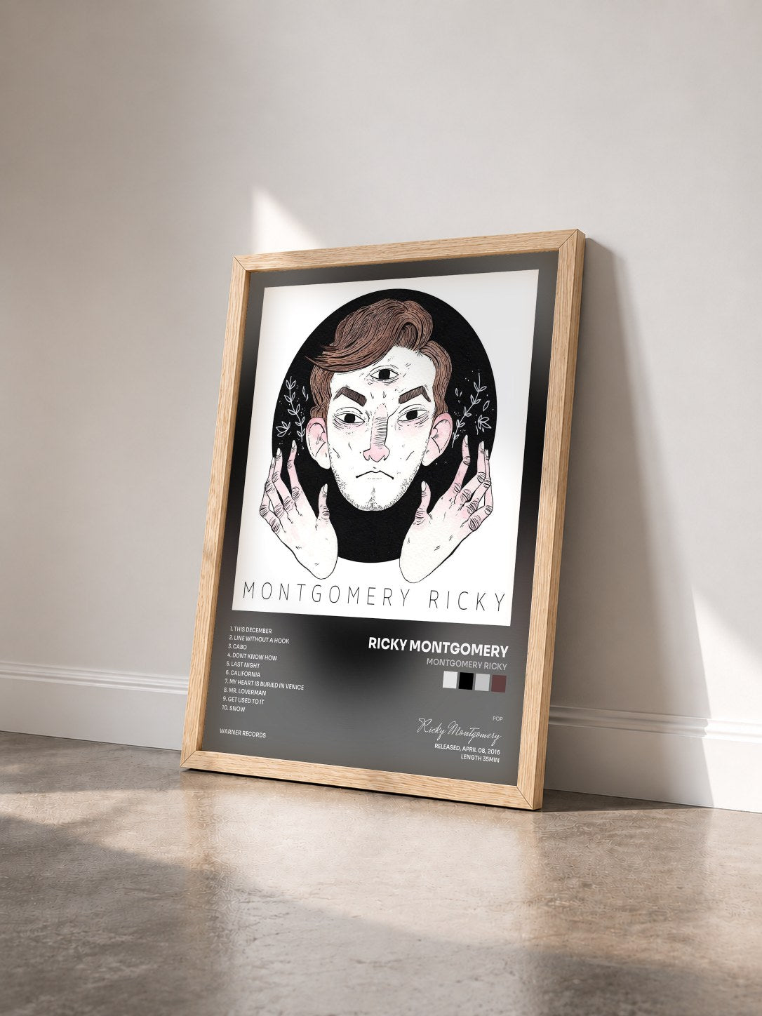 #bois Tableau de l'album Montgomery Ricky de Ricky Montgomery vu de trois quarts, cadre en bois brut