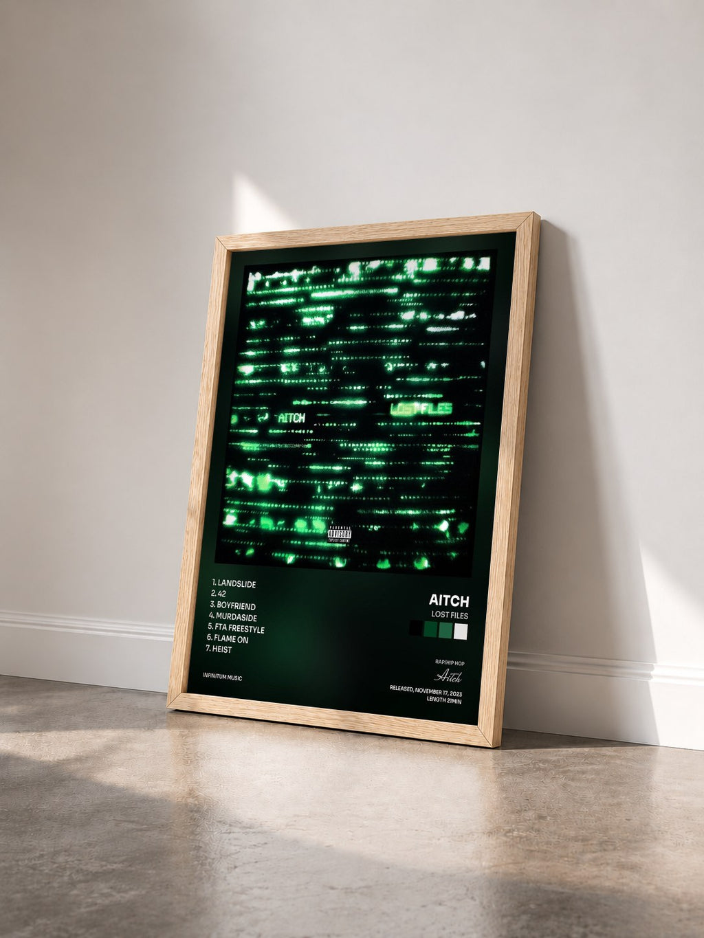 #bois Tableau de l'album Lost Files de Aitch vu de trois quarts, cadre en bois brut