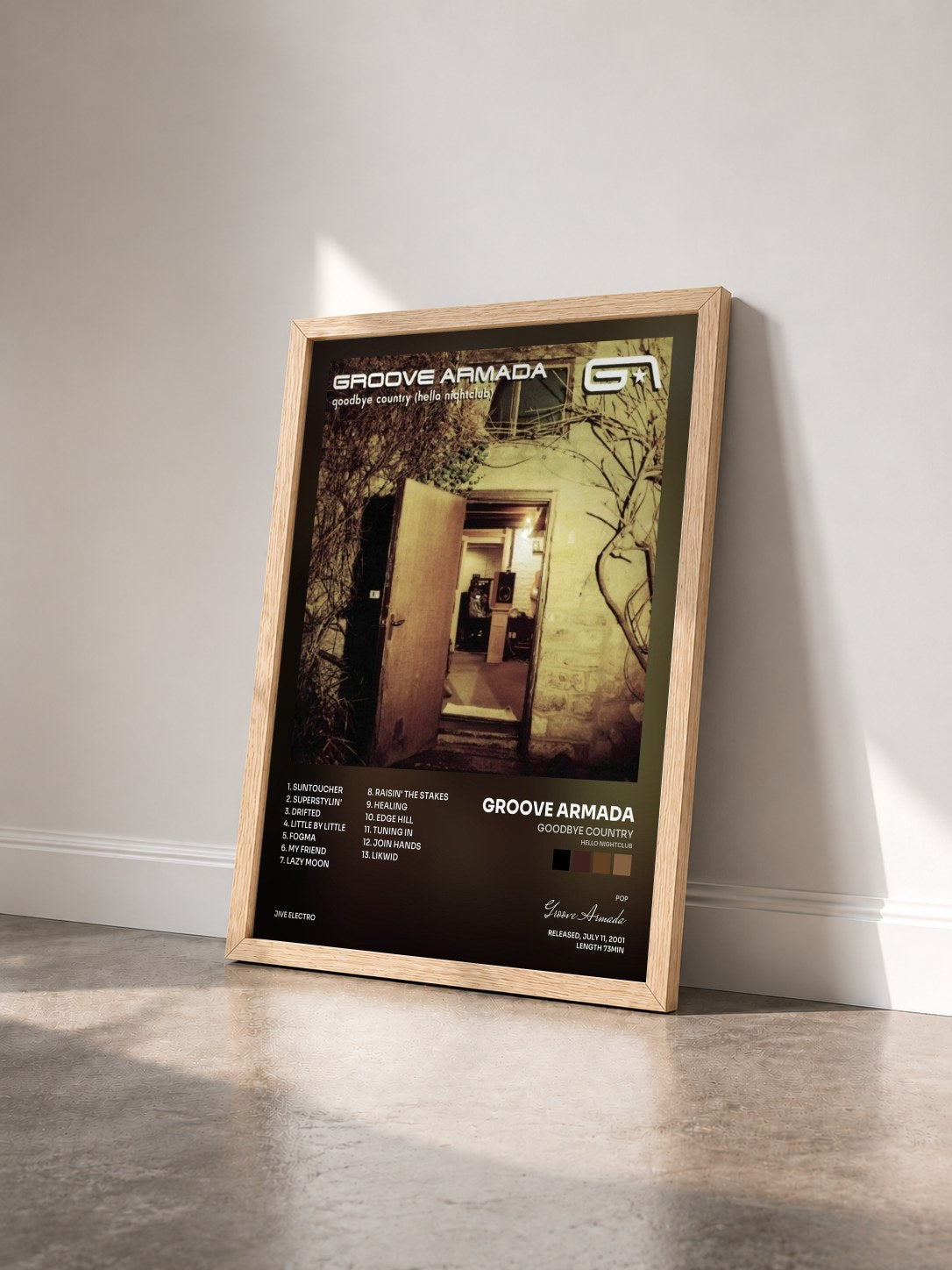 #bois Tableau de l'album Goodbye Country (Hello Nightclub) de Groove Armada vu de trois quarts, cadre en bois brut