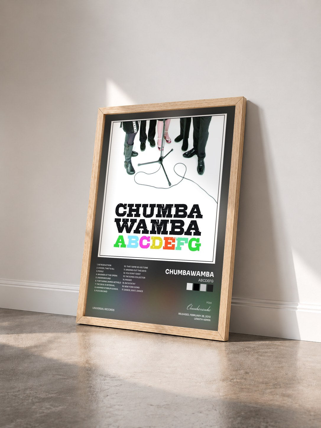 #bois Tableau de l'album ABCDEFG de Chumbawamba vu de trois quarts, cadre en bois brut