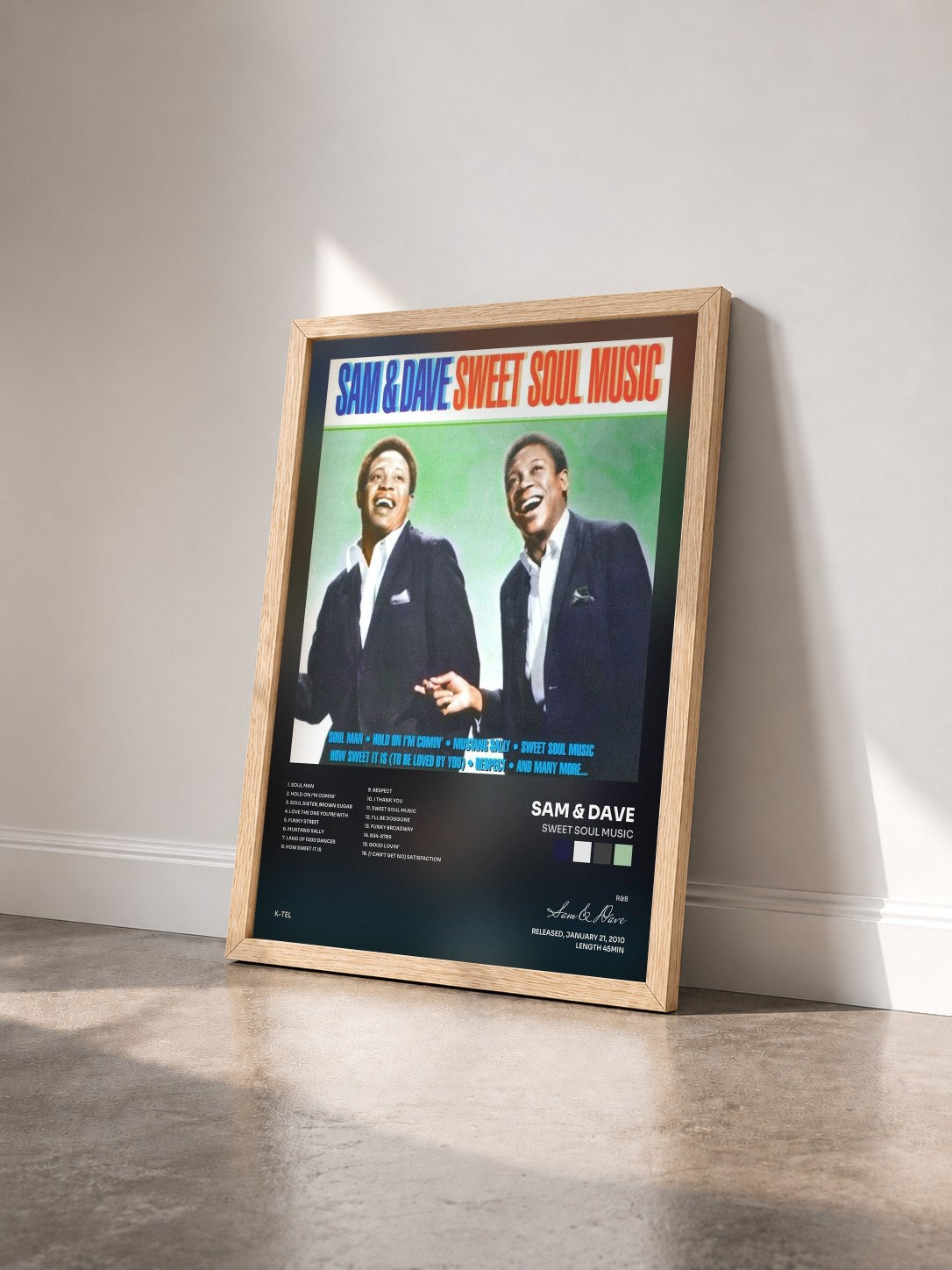 #bois Tableau de l'album Sweet Soul Music de Sam & Dave vu de trois quarts, cadre en bois brut