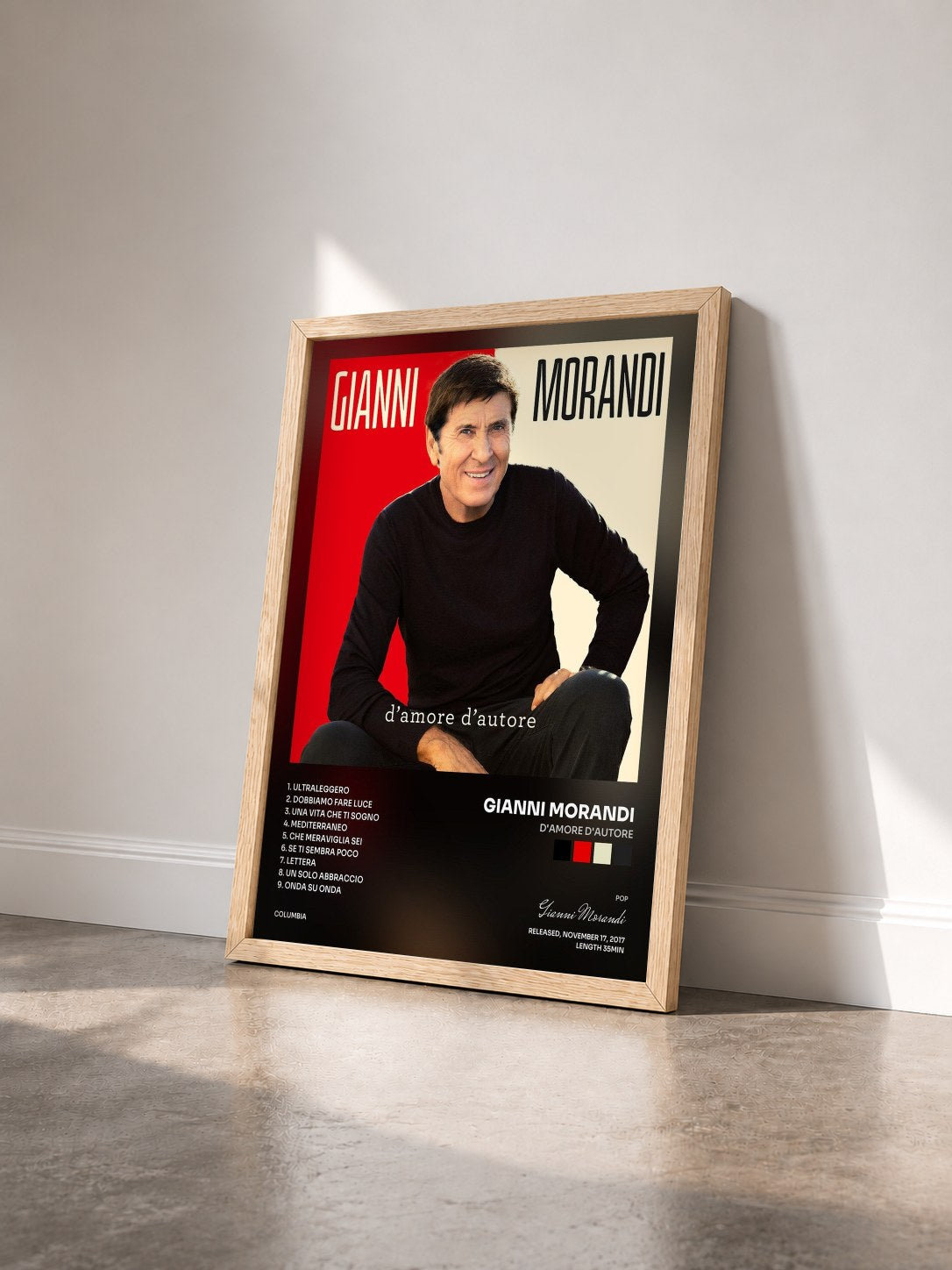 #bois Tableau de l'album d'amore d'autore de Gianni Morandi vu de trois quarts, cadre en bois brut