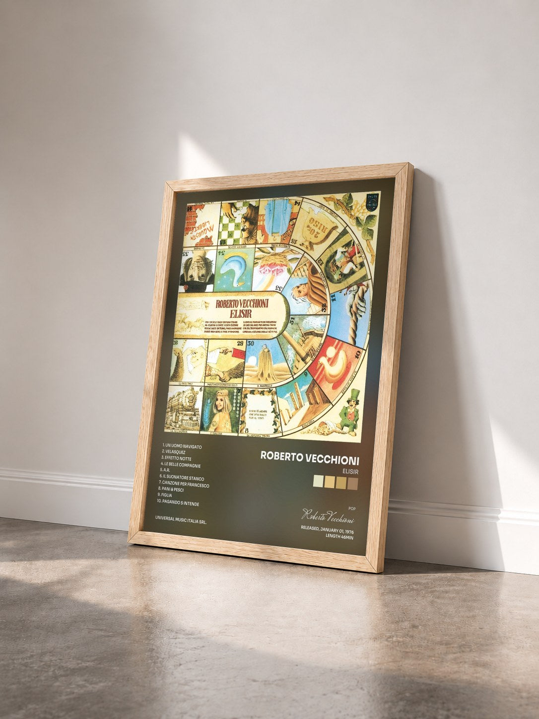 #bois Tableau de l'album Elisir de Roberto Vecchioni vu de trois quarts, cadre en bois brut