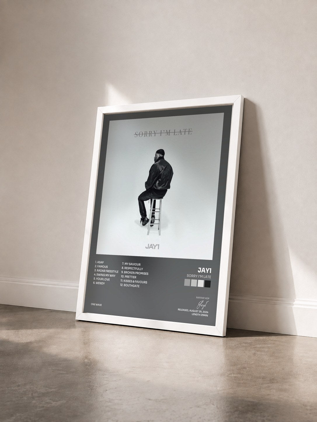 #blanc Tableau de l'album Sorry I'm Late de Jay1 vu de trois quarts, cadre blanc