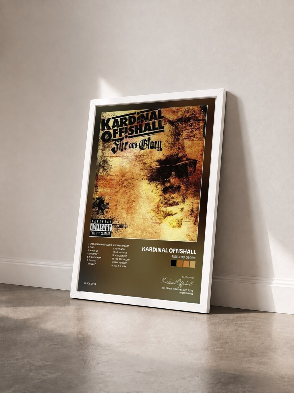 #blanc Tableau de l'album Fire And Glory de Kardinal Offishall vu de trois quarts, cadre blanc