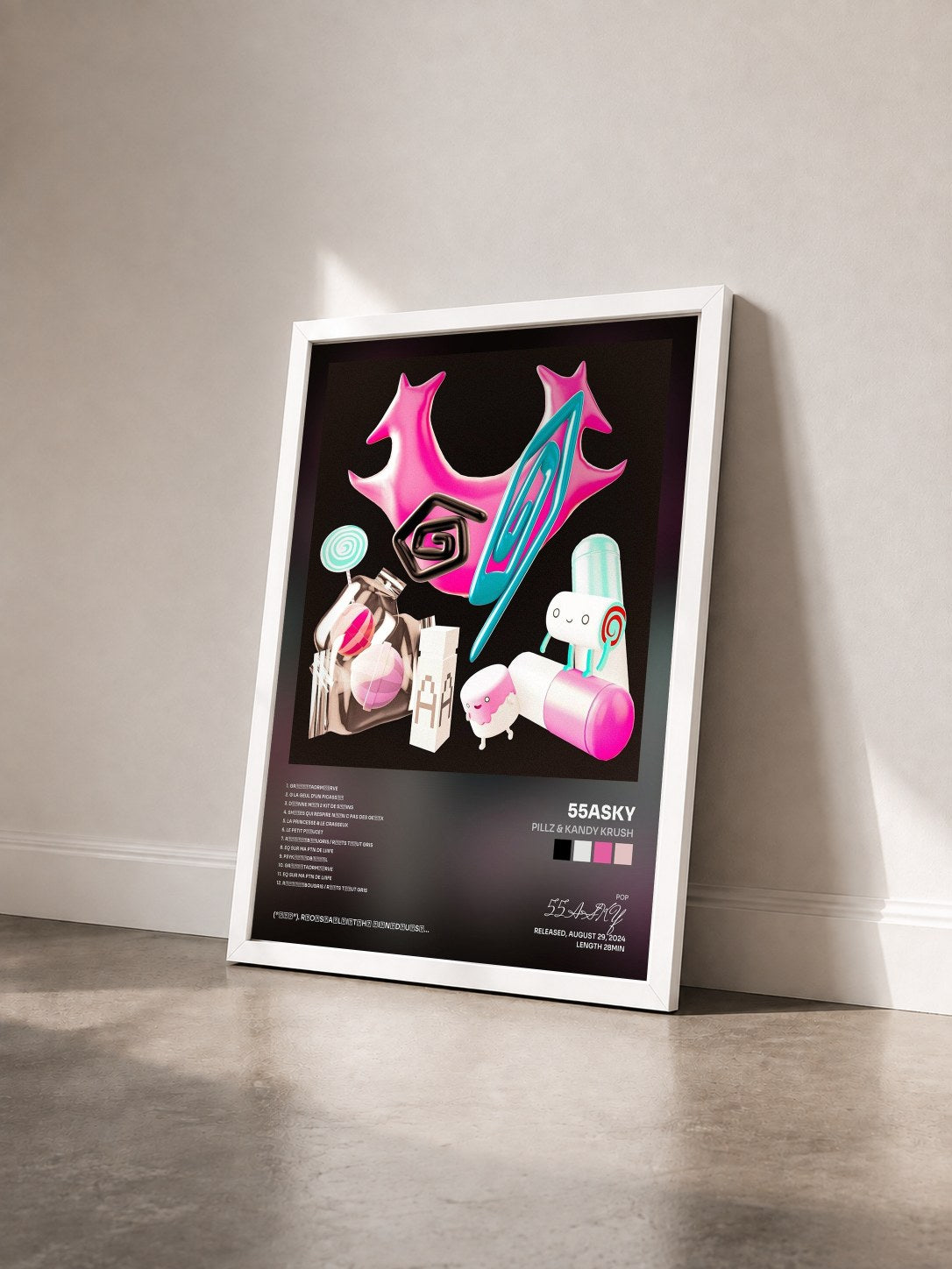#blanc Tableau de l'album PILLZ & KANDY KRUSH de 55ASKY vu de trois quarts, cadre blanc