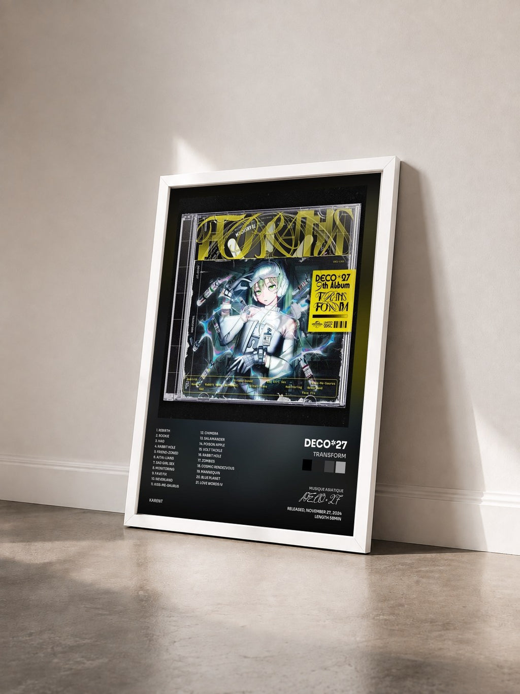 #blanc Tableau de l'album TRANSFORM de DECO*27 vu de trois quarts, cadre blanc