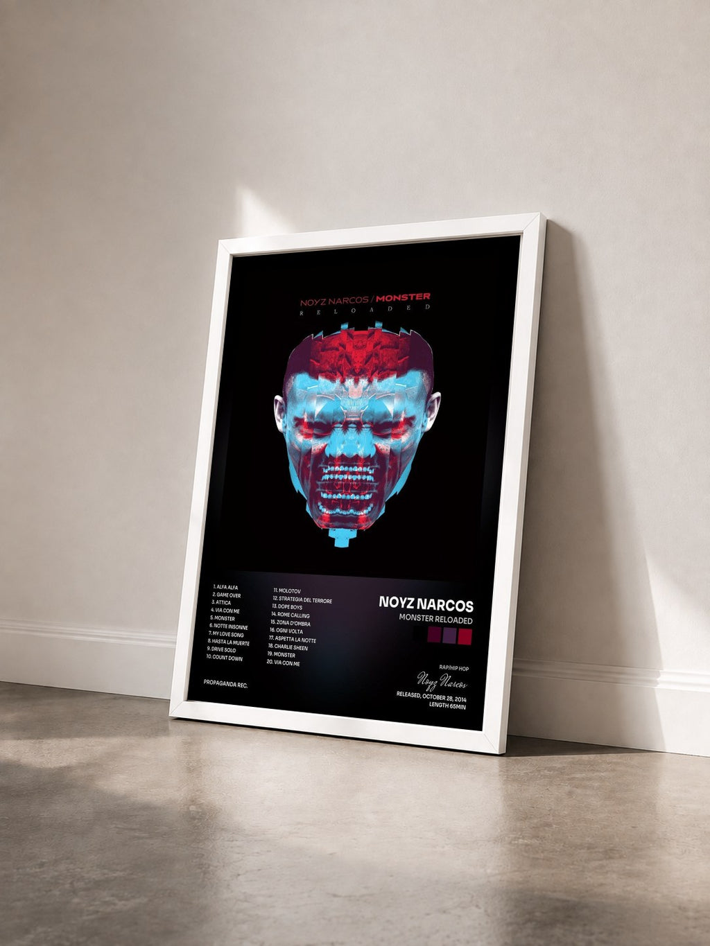 #blanc Tableau de l'album Monster Reloaded de Noyz Narcos vu de trois quarts, cadre blanc