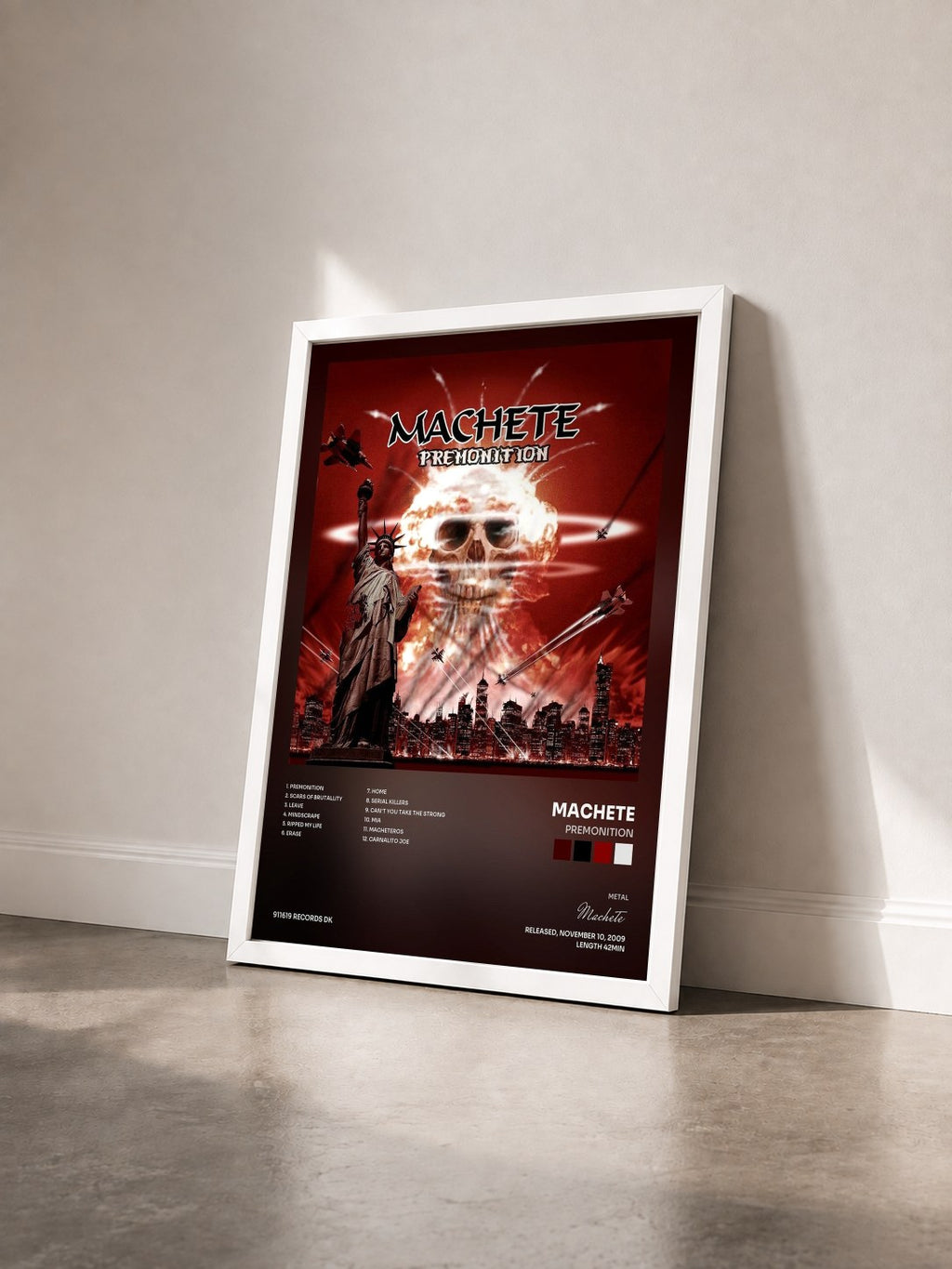 #blanc Tableau de l'album Premonition de Machete vu de trois quarts, cadre blanc