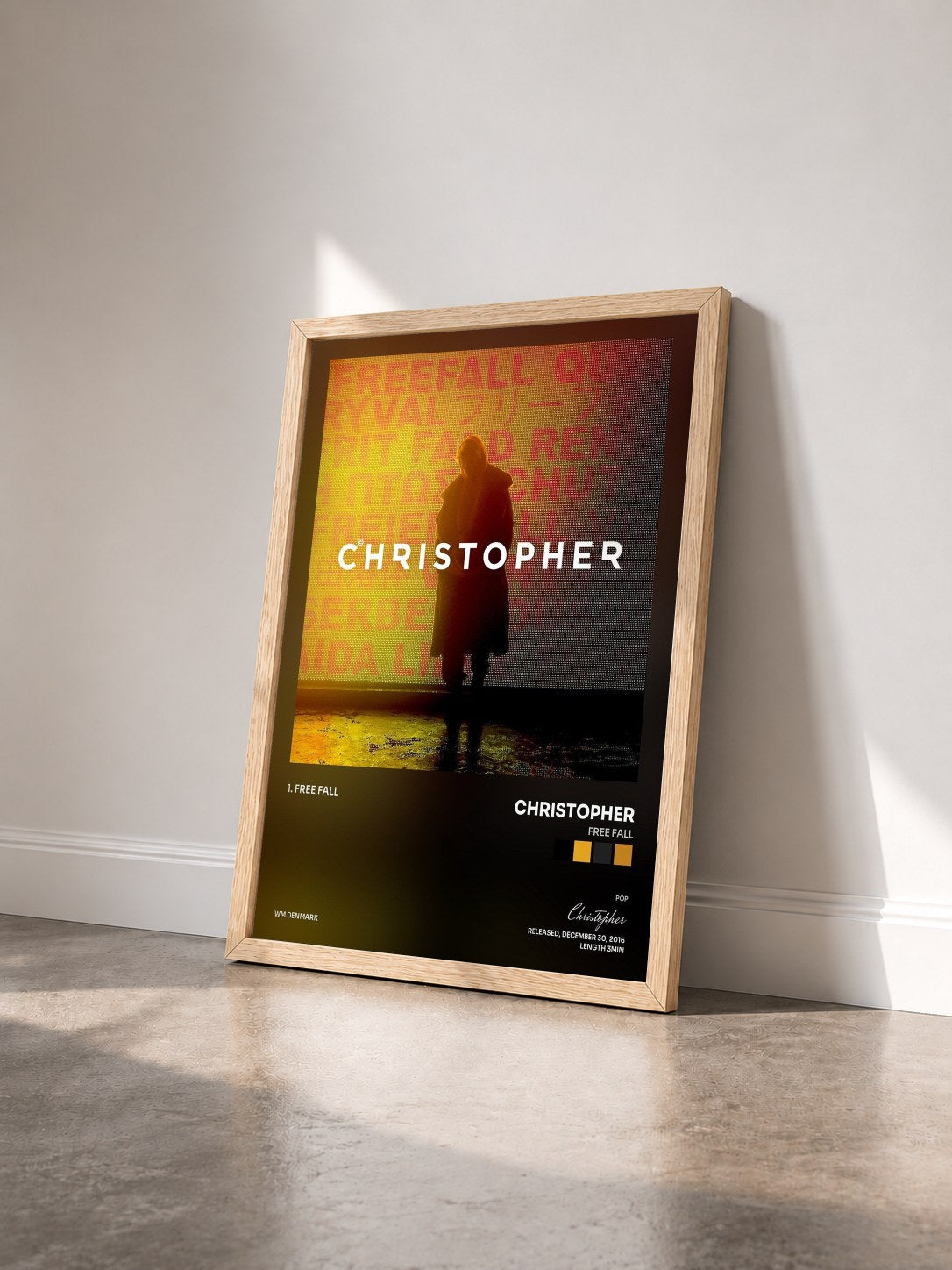 #bois Tableau de l'album Free Fall de Christopher vu de trois quarts, cadre en bois brut