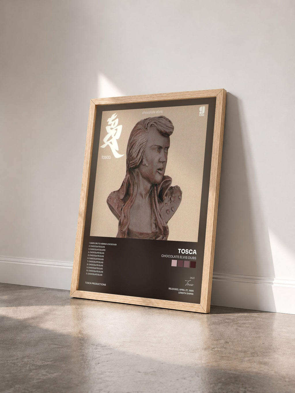 #bois Tableau de l'album Chocolate Elvis Dubs de Tosca vu de trois quarts, cadre en bois brut