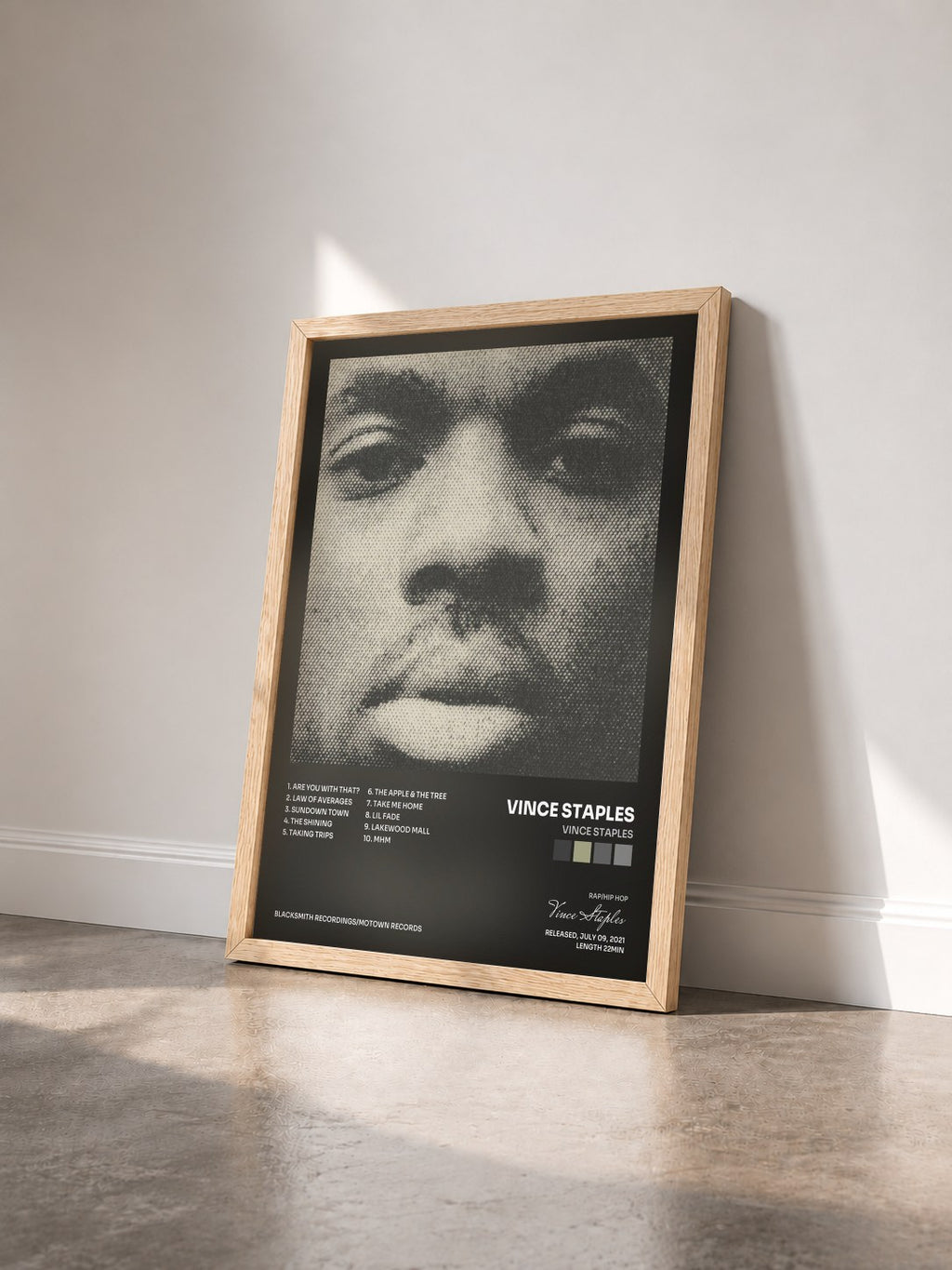 #bois Tableau de l'album Vince Staples de Vince Staples vu de trois quarts, cadre en bois brut
