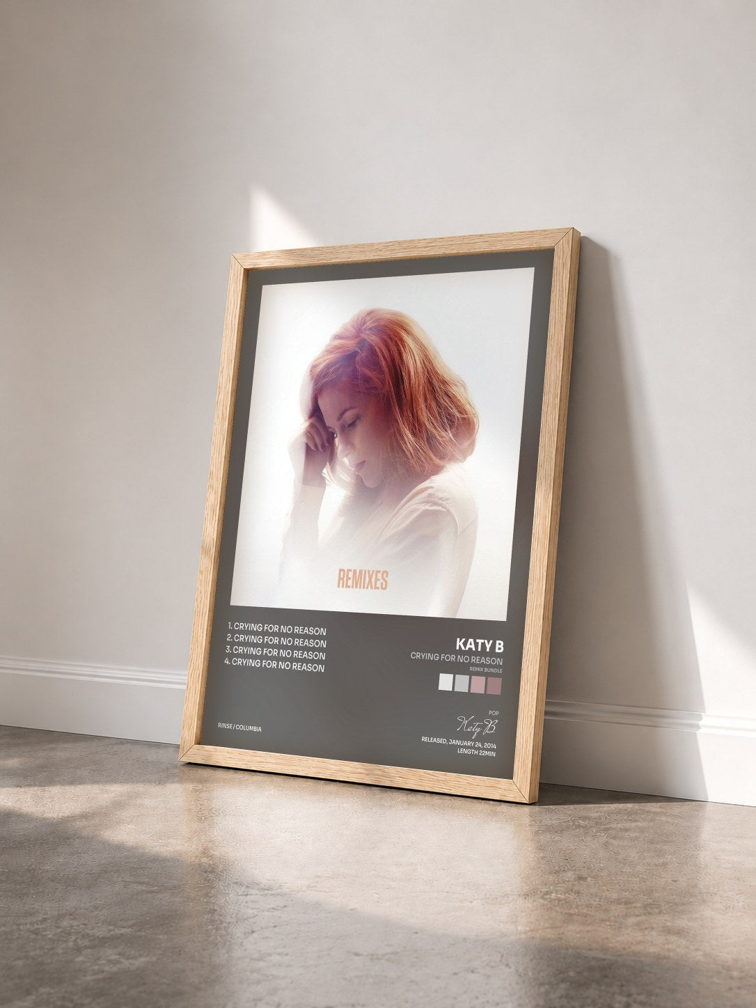 #bois Tableau de l'album Crying for No Reason (Remix Bundle) de Katy B vu de trois quarts, cadre en bois brut