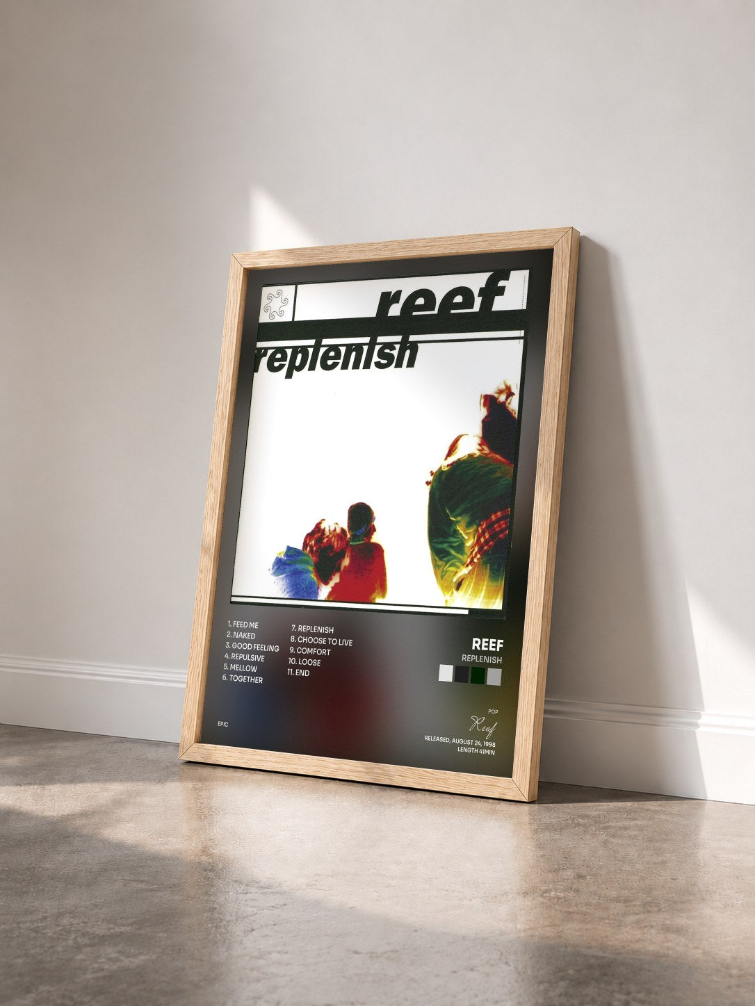 #bois Tableau de l'album Replenish de Reef vu de trois quarts, cadre en bois brut