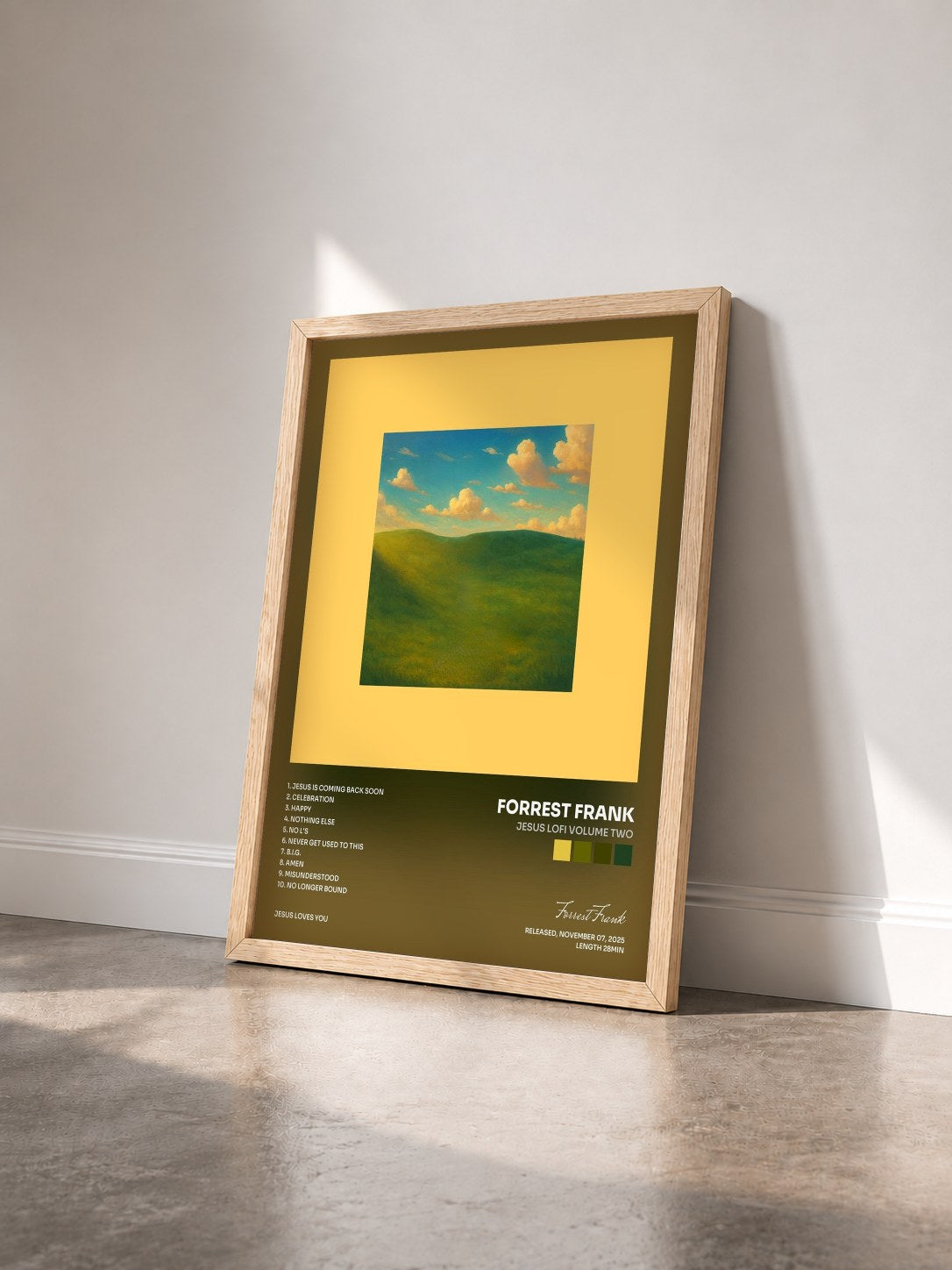 #bois Tableau de l'album JESUS LOFI VOLUME TWO de Forrest Frank vu de trois quarts, cadre en bois brut