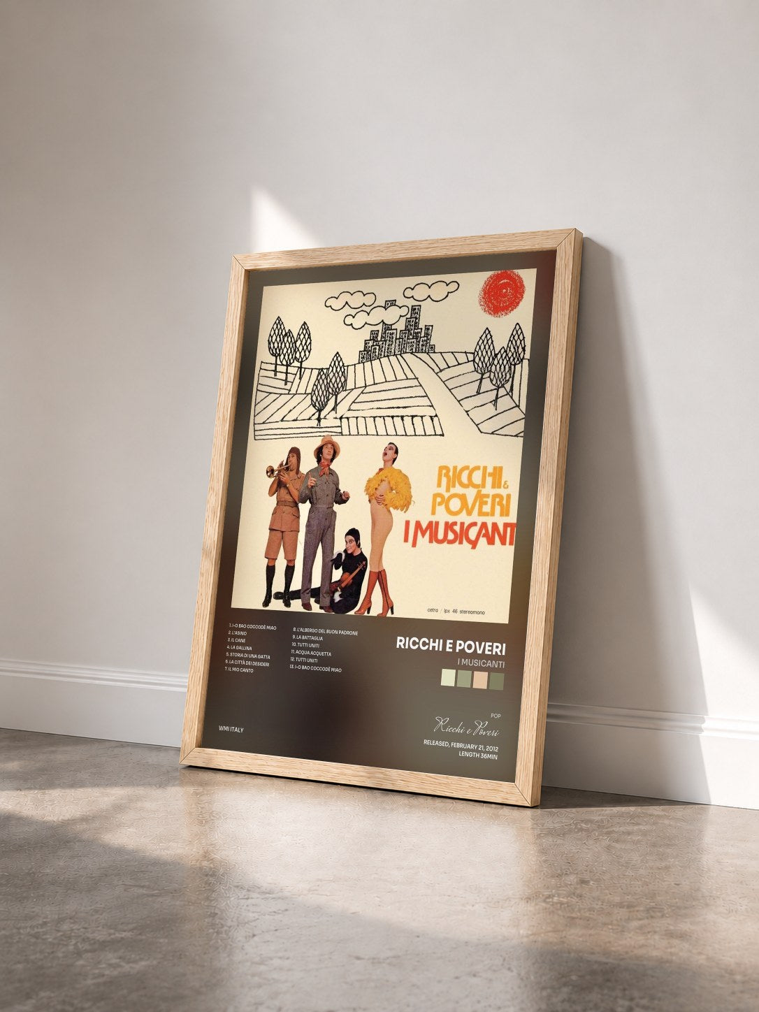 #bois Tableau de l'album I Musicanti de Ricchi e Poveri vu de trois quarts, cadre en bois brut