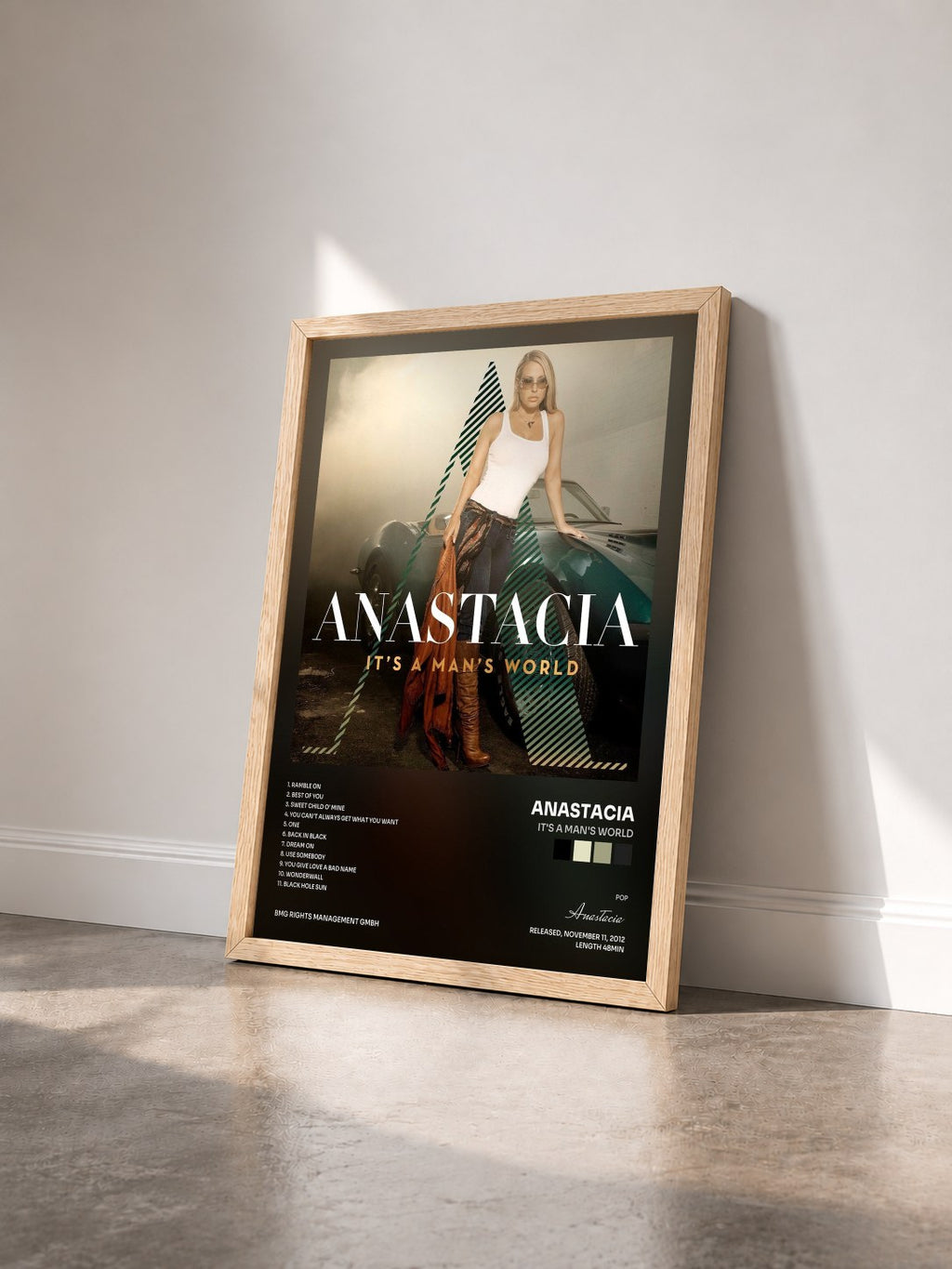 #bois Tableau de l'album It's a Man's World de Anastacia vu de trois quarts, cadre en bois brut