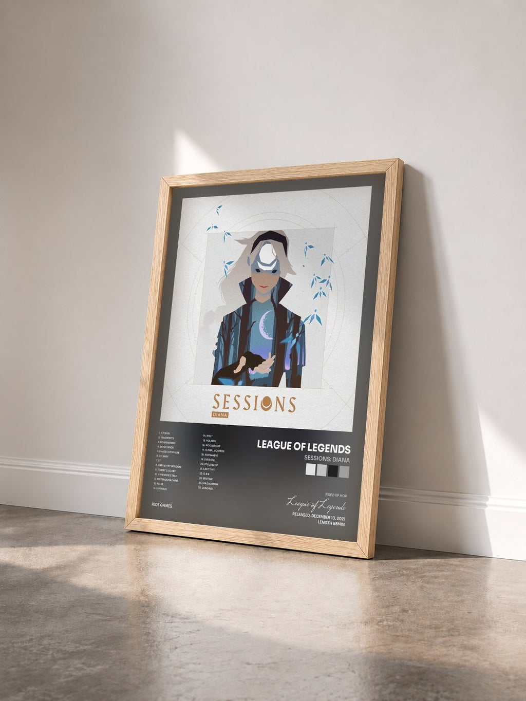 #bois Tableau de l'album Sessions: Diana de League of Legends vu de trois quarts, cadre en bois brut