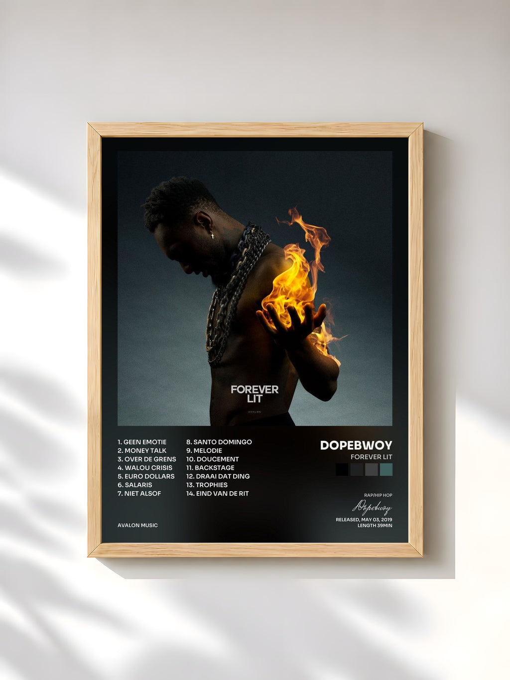 #bois Tableau de l'album Forever Lit de Dopebwoy, cadre en bois brut, imprimé et encadré en France