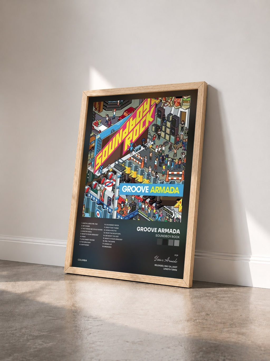 #bois Tableau de l'album Soundboy Rock de Groove Armada vu de trois quarts, cadre en bois brut