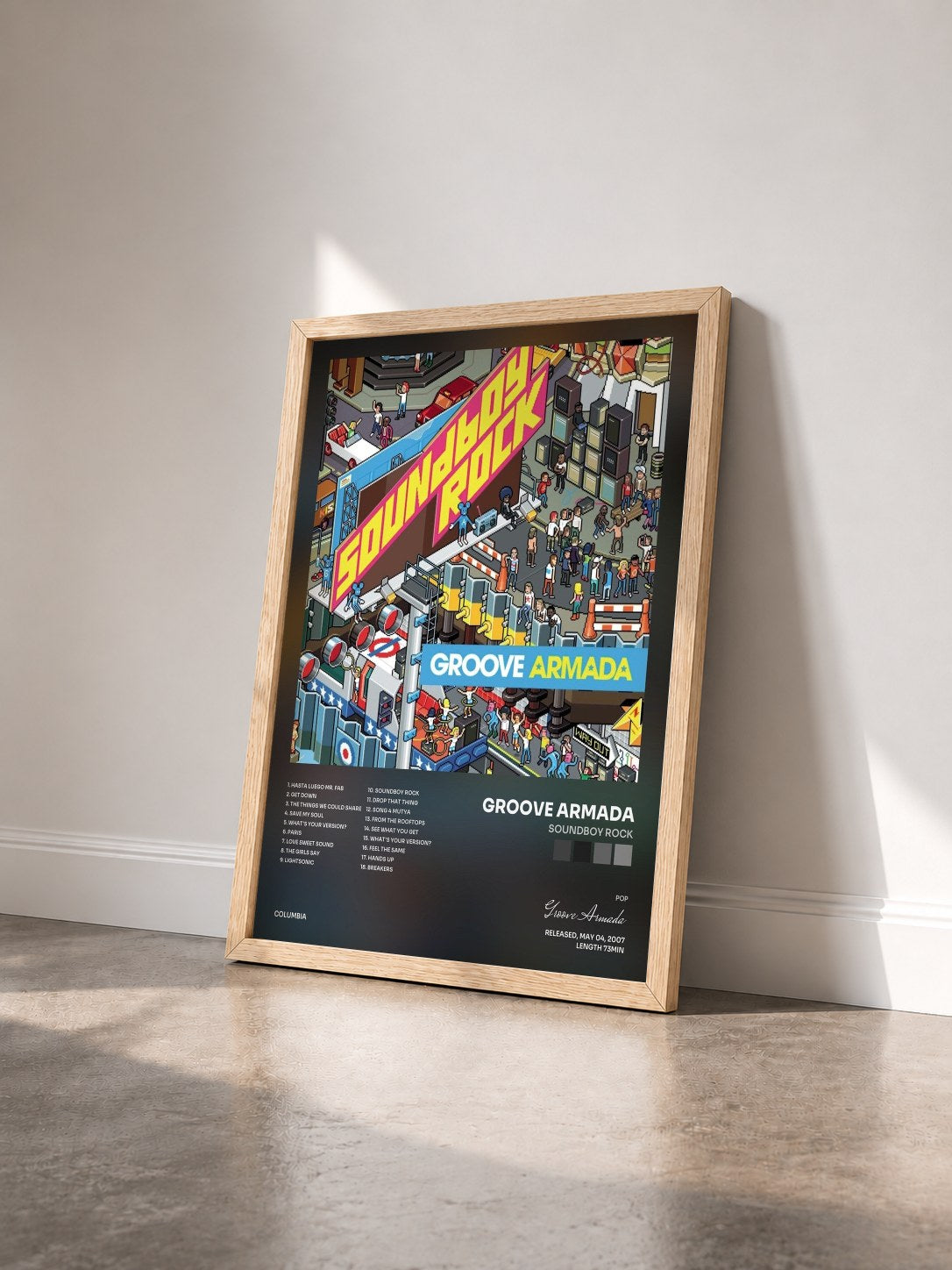 #bois Tableau de l'album Soundboy Rock de Groove Armada vu de trois quarts, cadre en bois brut