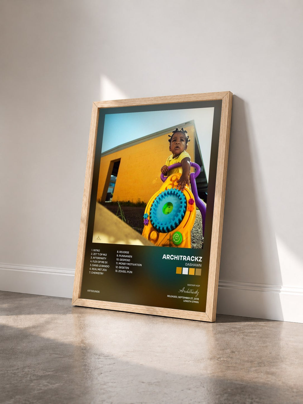 #bois Tableau de l'album Dashawn de Architrackz vu de trois quarts, cadre en bois brut