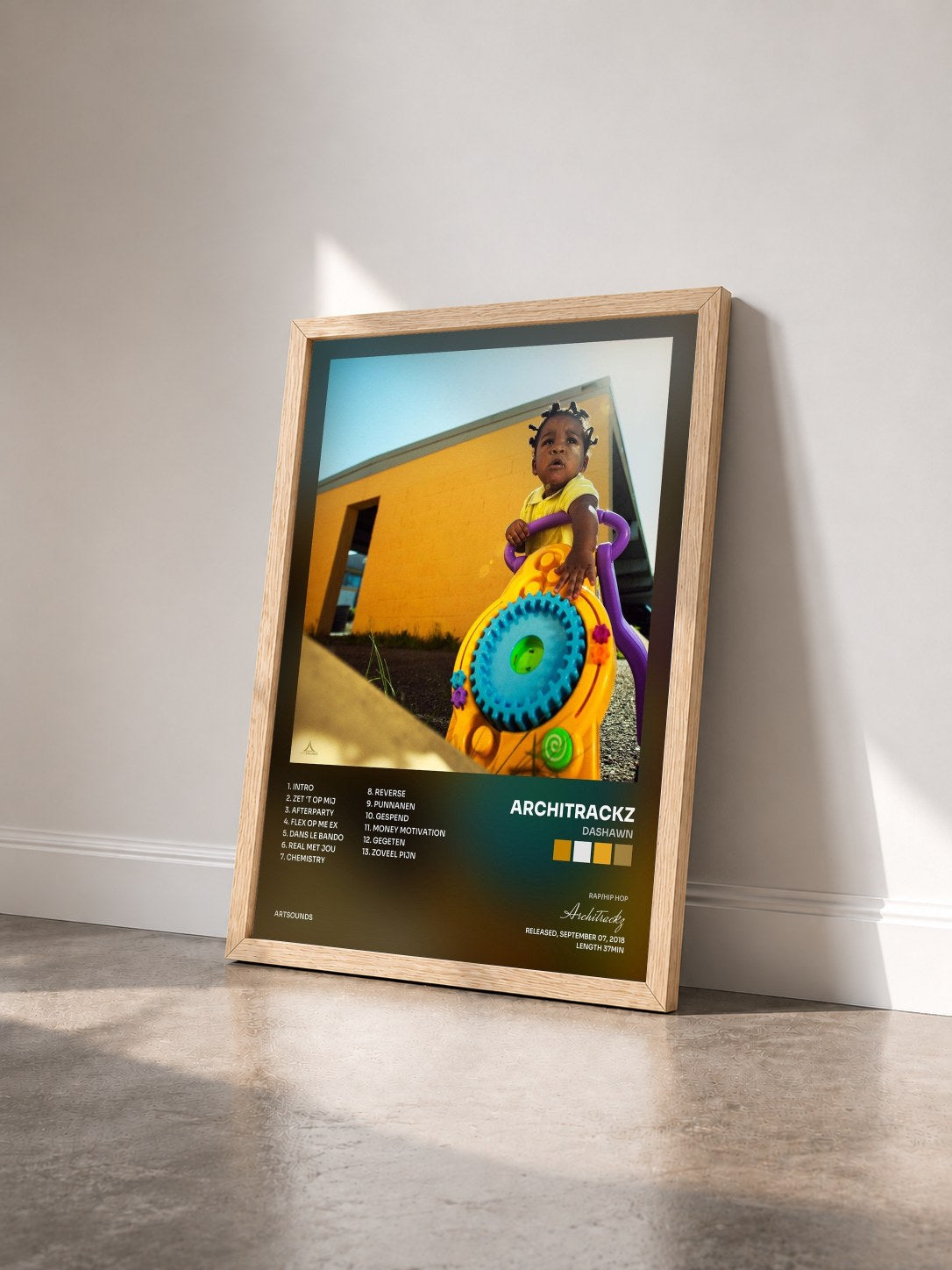 #bois Tableau de l'album Dashawn de Architrackz vu de trois quarts, cadre en bois brut