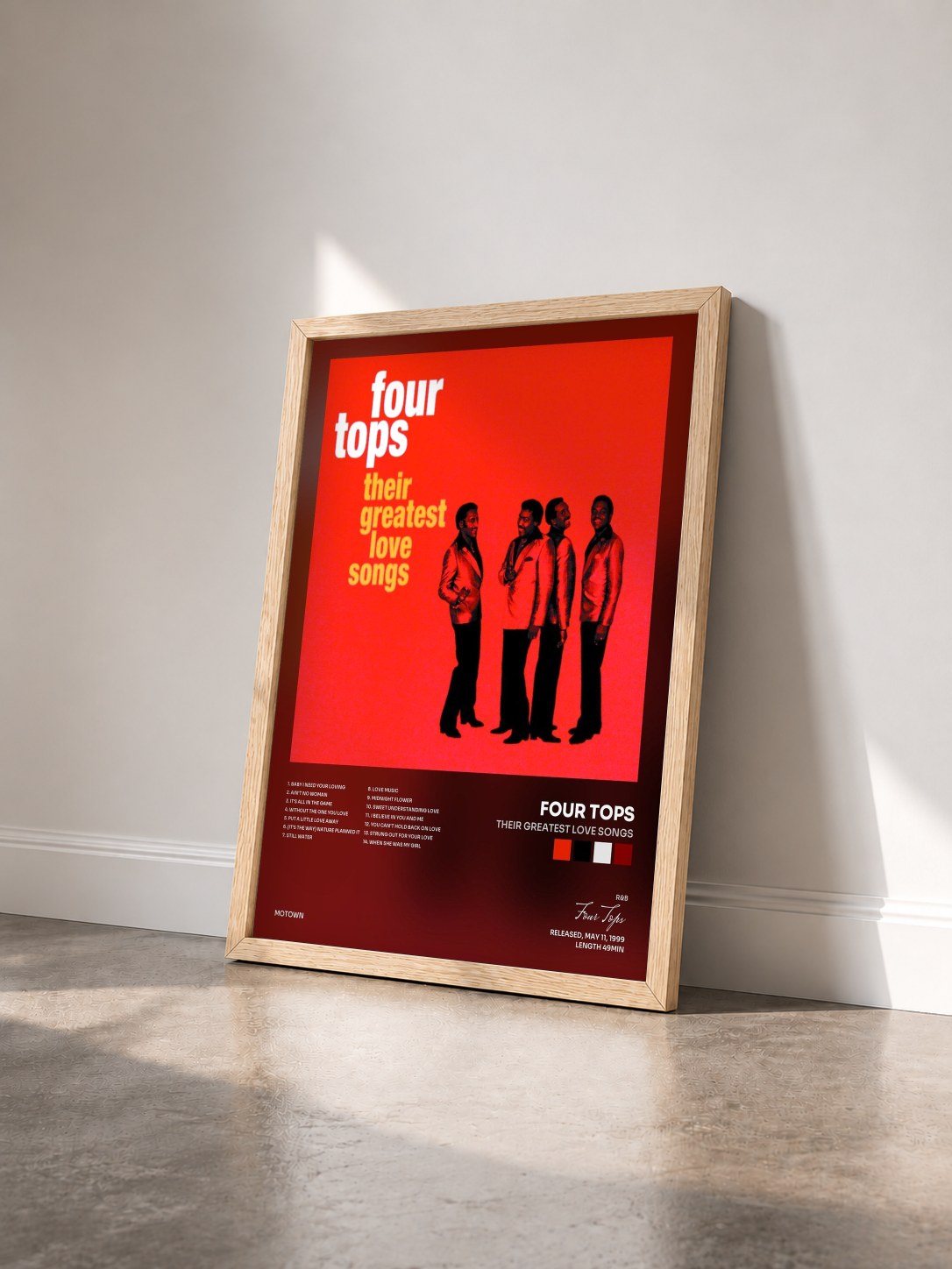 #bois Tableau de l'album Their Greatest Love Songs de Four Tops vu de trois quarts, cadre en bois brut