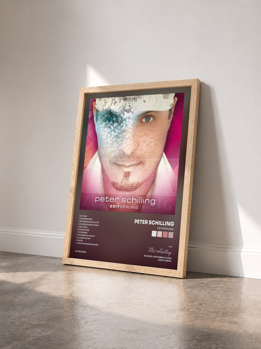 #bois Tableau de l'album Zeitsprung de Peter Schilling vu de trois quarts, cadre en bois brut