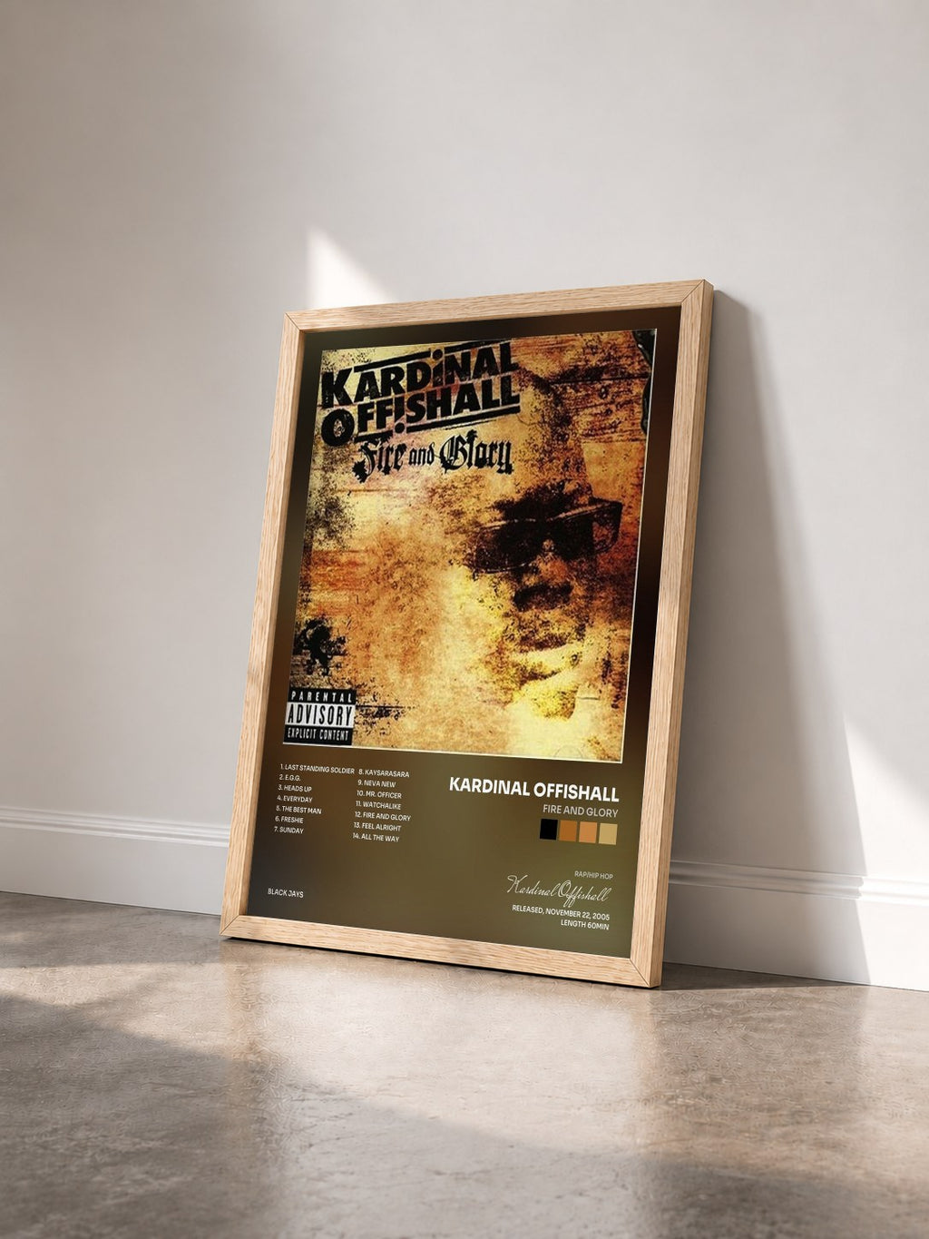 #bois Tableau de l'album Fire And Glory de Kardinal Offishall vu de trois quarts, cadre en bois brut