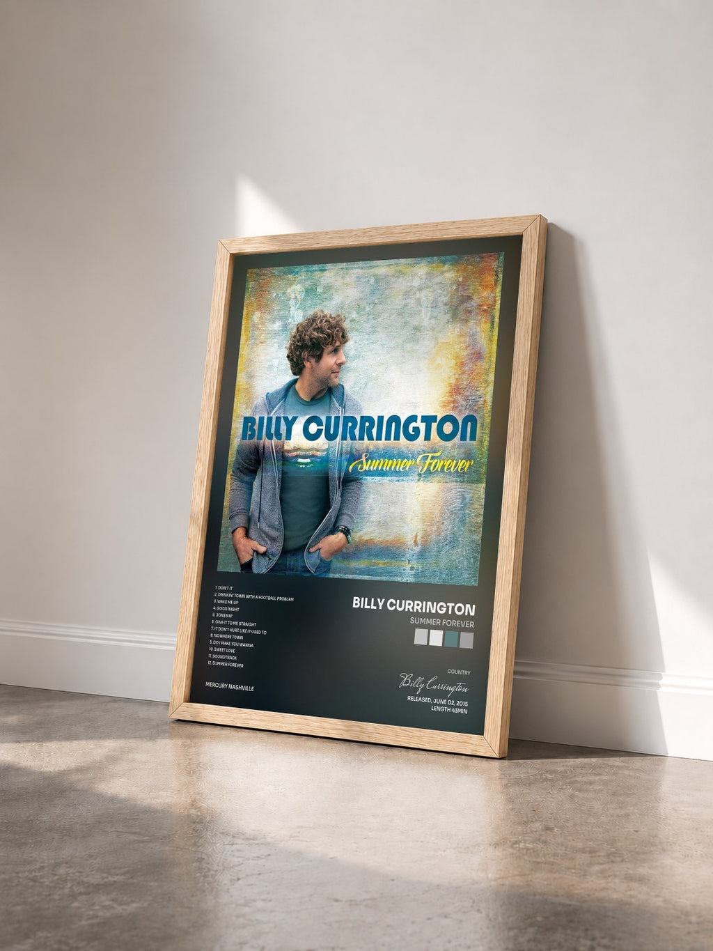 #bois Tableau de l'album Summer Forever de Billy Currington vu de trois quarts, cadre en bois brut