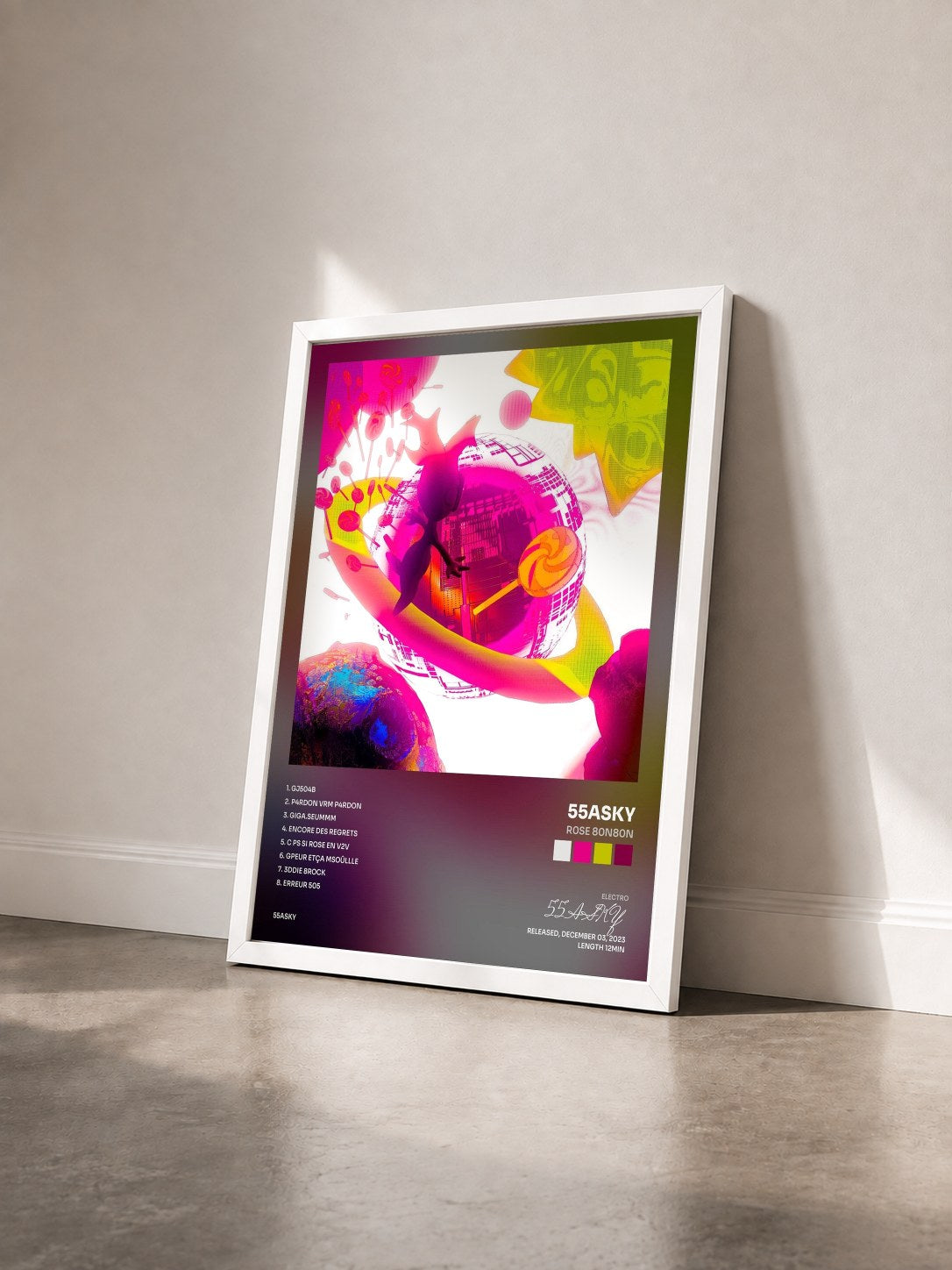 #blanc Tableau de l'album R0SE 80N80N de 55ASKY vu de trois quarts, cadre blanc