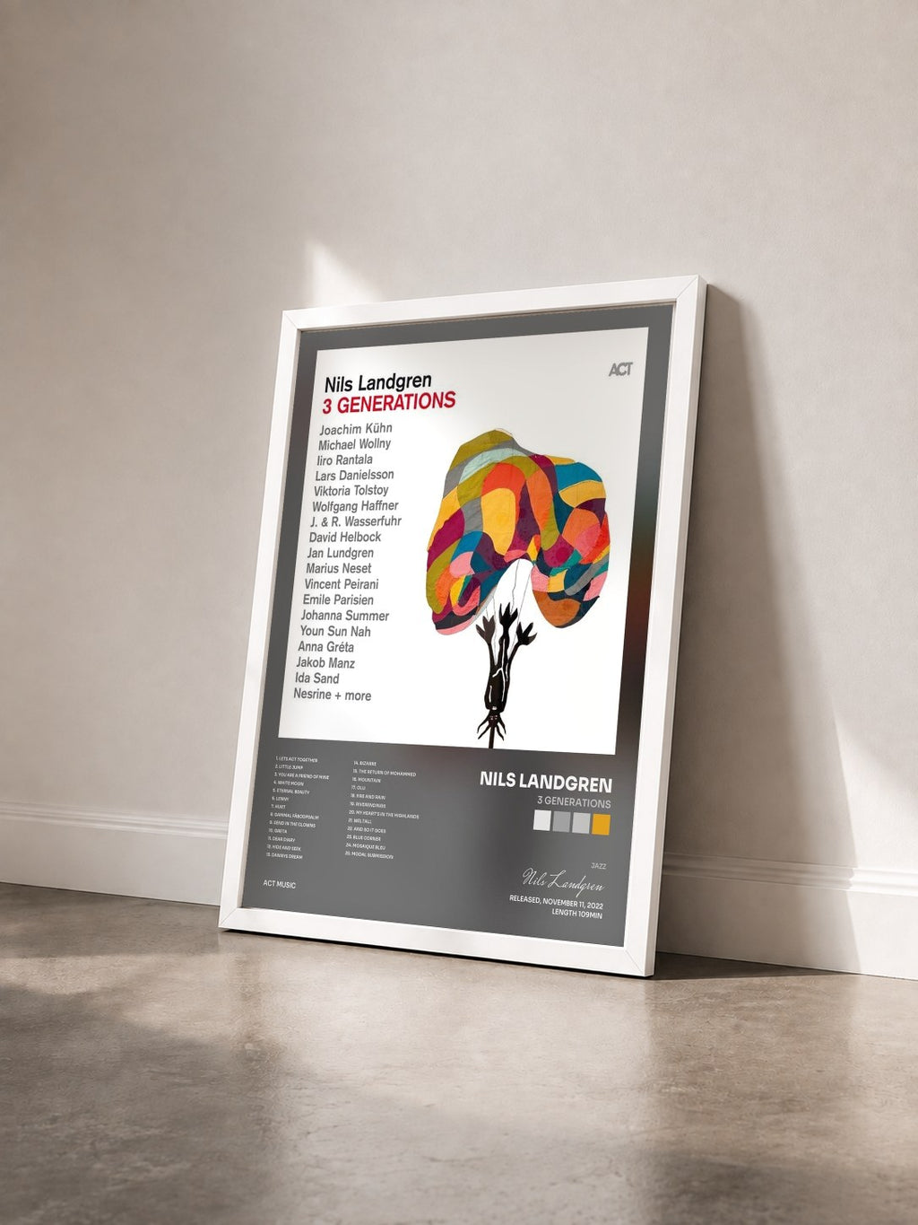 #blanc Tableau de l'album 3 Generations de Nils Landgren vu de trois quarts, cadre blanc