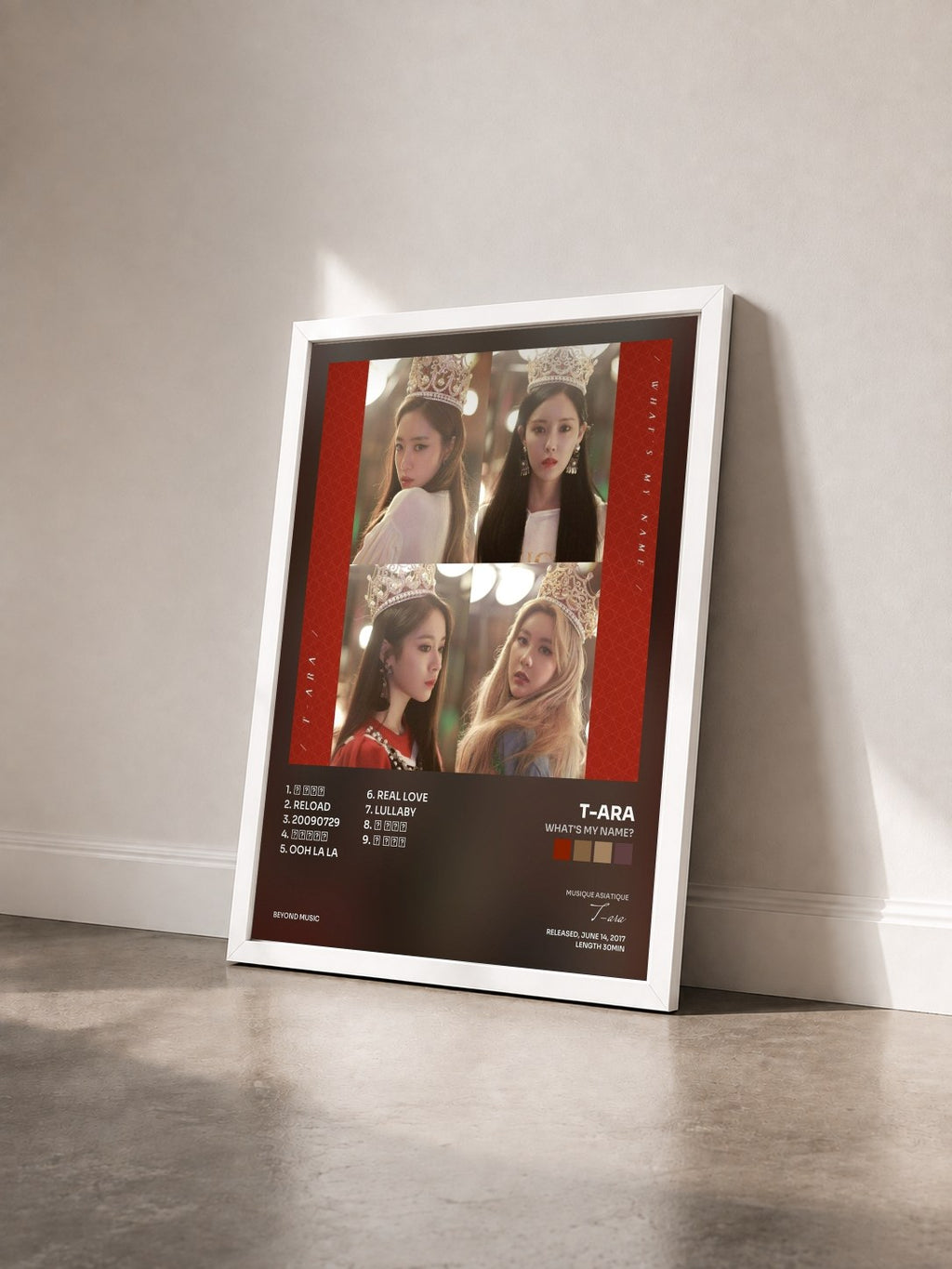 #blanc Tableau de l'album What's my name? de T-ara vu de trois quarts, cadre blanc