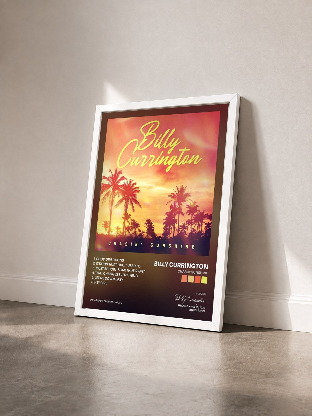 #blanc Tableau de l'album Chasin' Sunshine de Billy Currington vu de trois quarts, cadre blanc
