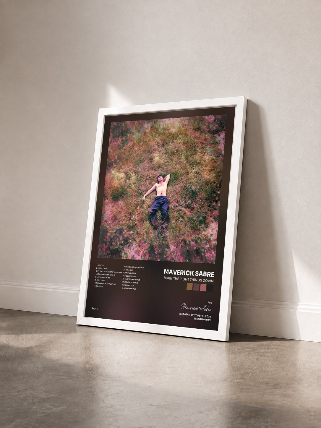 #blanc Tableau de l'album Burn The Right Things Down de Maverick Sabre vu de trois quarts, cadre blanc